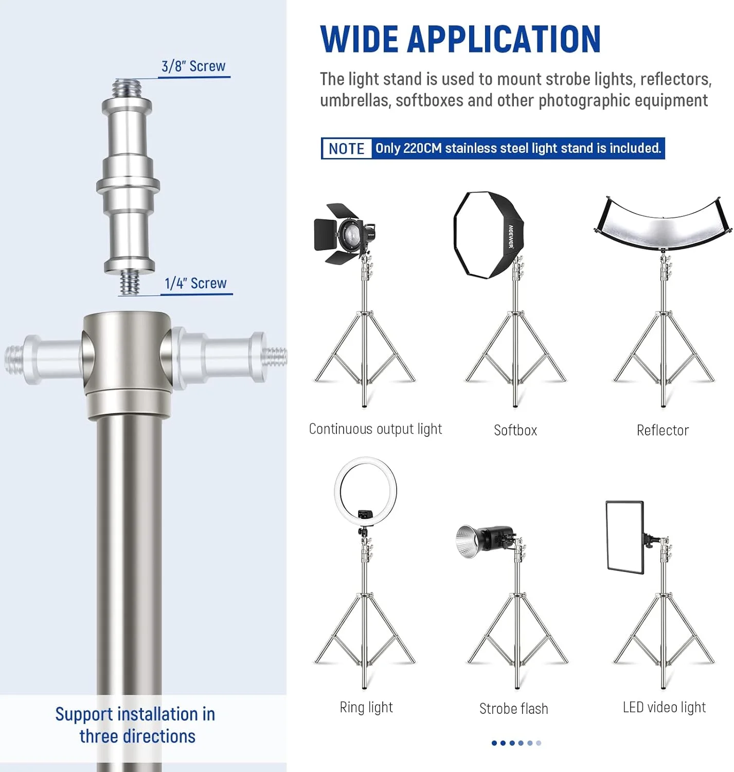 پایه نور استیل نیور 2.2 متری، سه پایه عکاسی سنگین با فنر و آداپتور پیچ 1/4 اینچ به 3/8 اینچ برای فلاش، نور ویدئویی LED، رینگ لایت، مونو لایت، سافت باکس پایه نور استیل نیور 2.2 متری، سه پایه عکاسی سنگین با فنر و آداپتور پیچ 1/4 اینچ به 3/8 اینچ برای فلاش، نور ویدئویی LED، رینگ لایت، مونو لایت، سافت باکس