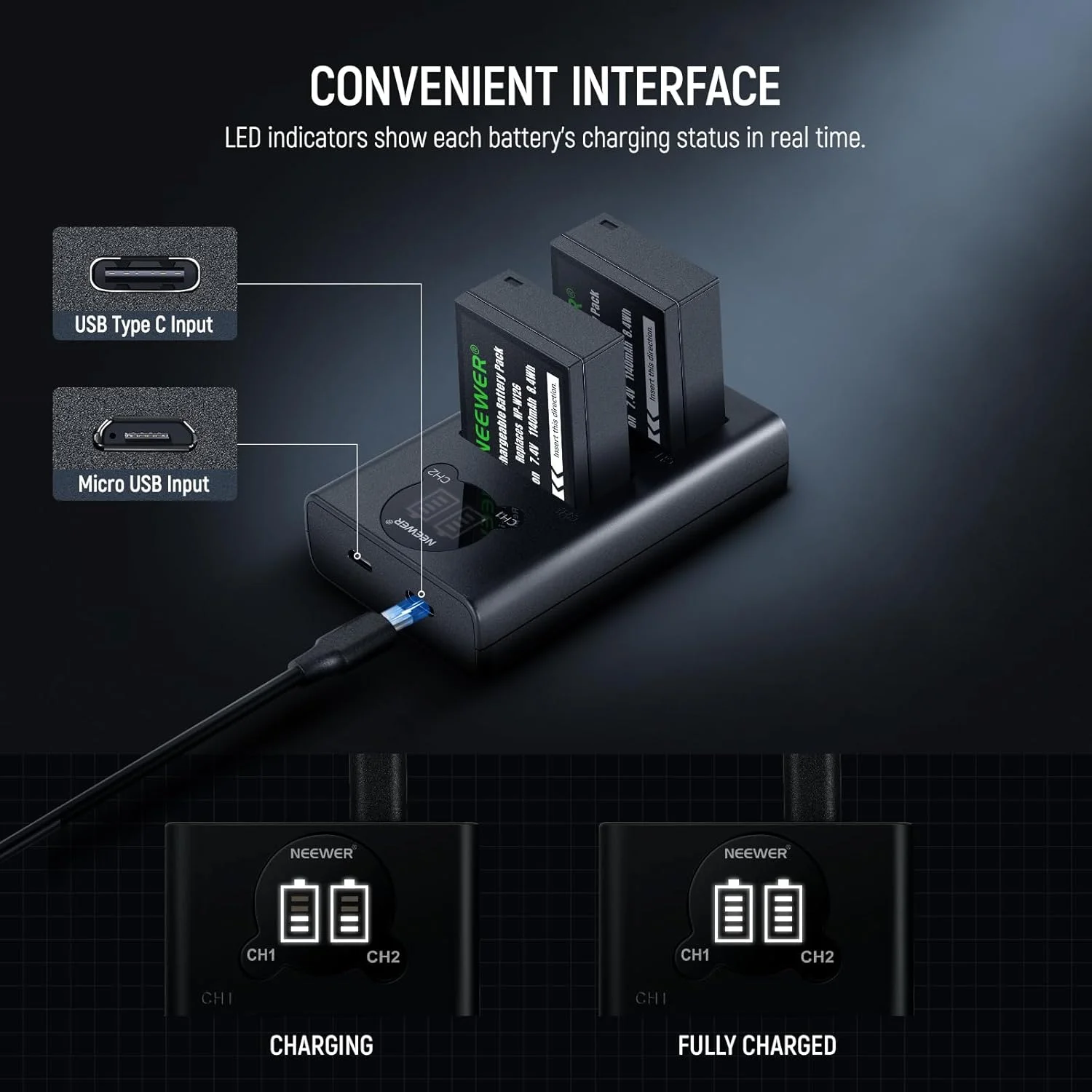 مجموعه شارژر باتری جایگزین NEEWER NP-W126/NP-W126s با شارژر دوتایی و کابل USB C، بسته 2 عددی، باتری دوربین 1140 میلی آمپر ساعت، سازگار با Fuji X100VI X-T30 II X-S10 X-T200 X100F X100V X-A5 X-E4 مجموعه شارژر باتری جایگزین NEEWER NP-W126/NP-W126s با شارژر دوتایی و کابل USB C، بسته 2 عددی، باتری دوربین 1140 میلی آمپر ساعت، سازگار با Fuji X100VI X-T30 II X-S10 X-T200 X100F X100V X-A5 X-E4