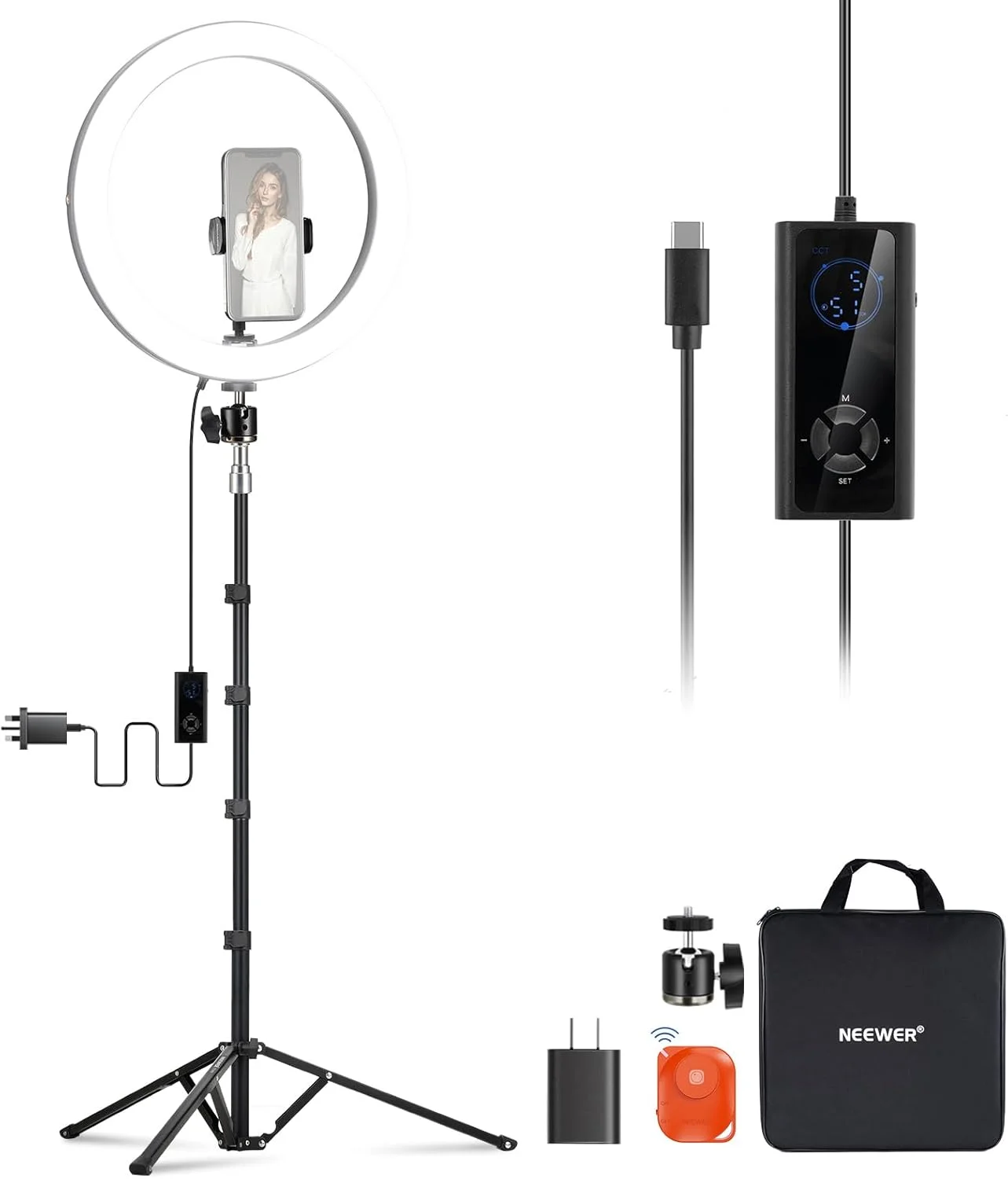 حلقه نور ال ای دی 12 اینچی 24 واتی نیور با پایه 71 اینچی، دو رنگ 2900K-7000K، ورودی USB Type C PD، CRI97+ 1810lux/0.5m، 12 حالت نوری برای آرایش، پخش زنده، تماس های زوم و TikTok، مدل RH12B