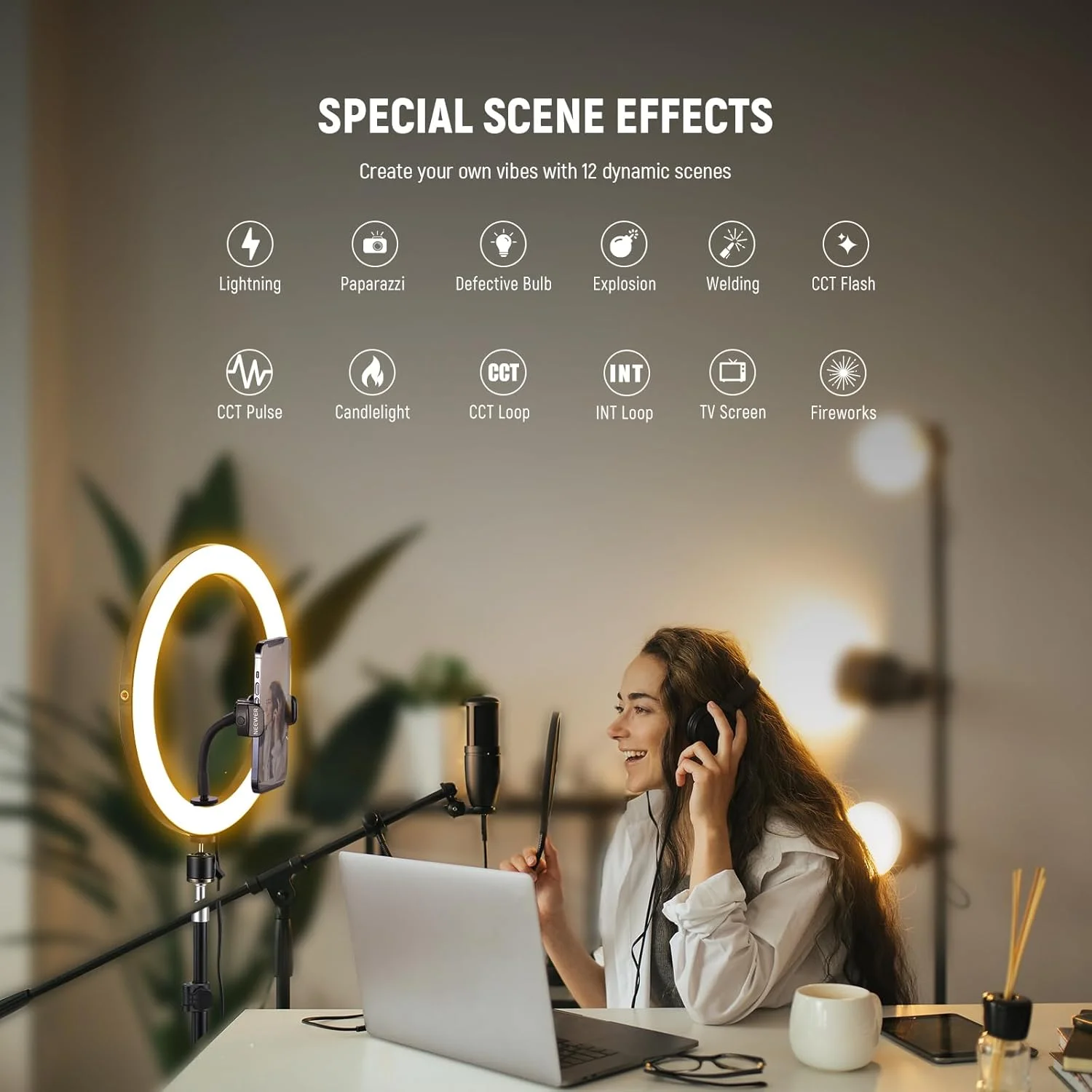 حلقه نور ال ای دی 12 اینچی 24 واتی نیور با پایه 71 اینچی، دو رنگ 2900K-7000K، ورودی USB Type C PD، CRI97+ 1810lux/0.5m، 12 حالت نوری برای آرایش، پخش زنده، تماس های زوم و TikTok، مدل RH12B حلقه نور ال ای دی 12 اینچی 24 واتی نیور با پایه 71 اینچی، دو رنگ 2900K-7000K، ورودی USB Type C PD، CRI97+ 1810lux/0.5m، 12 حالت نوری برای آرایش، پخش زنده، تماس های زوم و TikTok، مدل RH12B