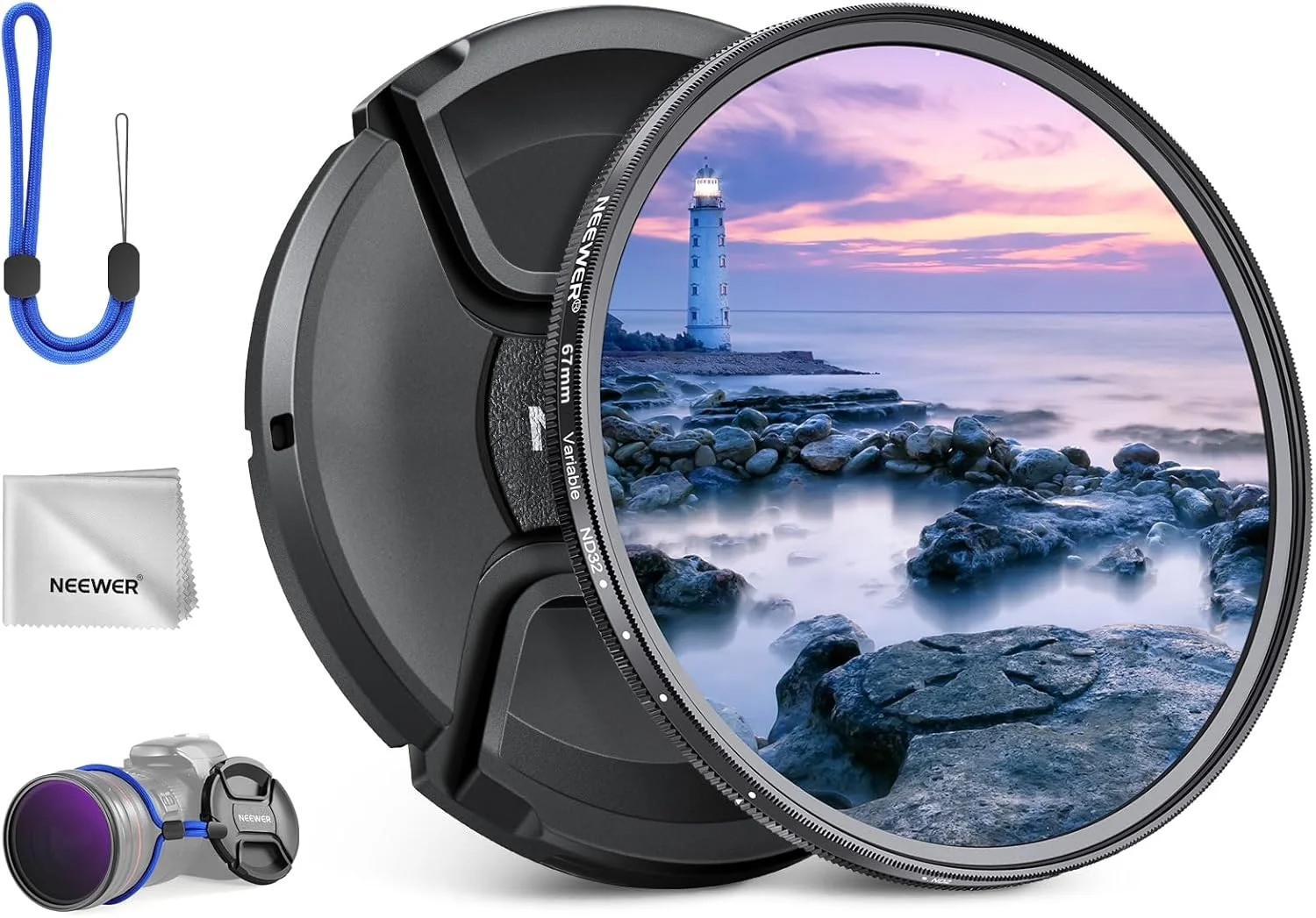 فیلتر متغیر ND با درپوش لنز، پارچه تمیز کننده، تنظیم دقیق چگالی خنثی، شیشه اپتیکال چند لایه، لوازم جانبی عکاسی دوربین NEEWER 67mm ND2-32 (1-5 Stops)
