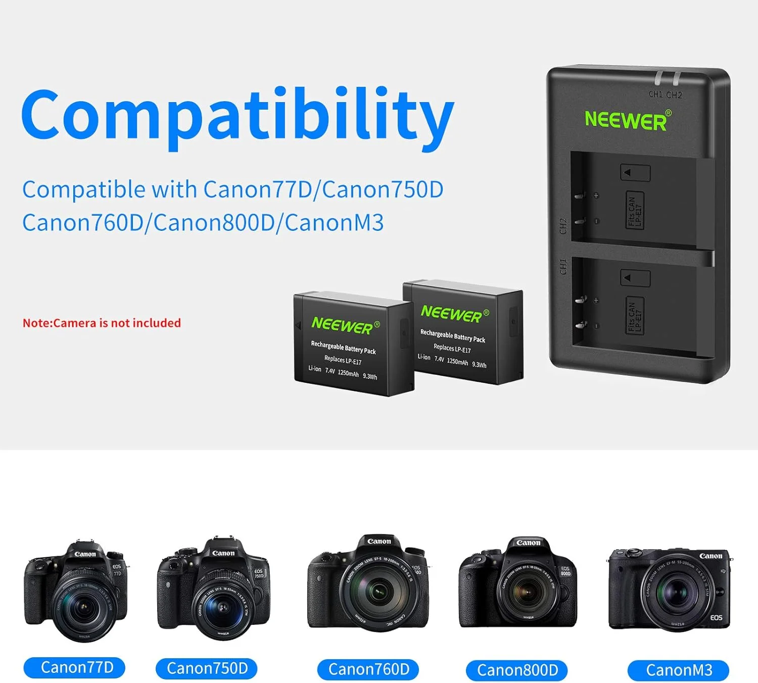 بسته 2 عددی باتری جایگزین LP-E17 نیور و شارژر USB دوگانه برای دوربین های Canon EOS R8, R10, R50, RP, 77D, 750D, 760D, 800D, 8000D, M6 II, M6, M5, M3, Rebel SL2, SL3, T6i, T6s, T7i, T8i بسته 2 عددی باتری جایگزین LP-E17 نیور و شارژر USB دوگانه برای دوربین های Canon EOS R8, R10, R50, RP, 77D, 750D, 760D, 800D, 8000D, M6 II, M6, M5, M3, Rebel SL2, SL3, T6i, T6s, T7i, T8i