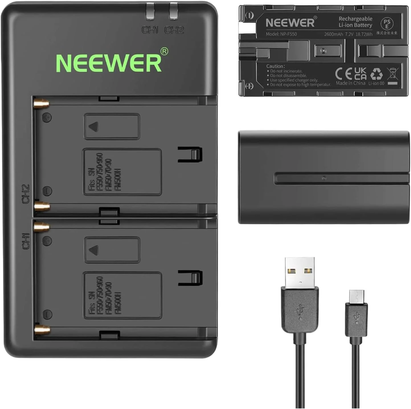 مجموعه شارژر باتری NEEWER NP F550، سازگار با Sony NP F970 F750 F770 F960 F550 F530 F330 F570 CCD SC55 TR516 TR716 TR818 TR910 TR917 نور LED/مانیتور اسلایدر دوربین NEEWER (2 عدد در یک بسته، مشکی)