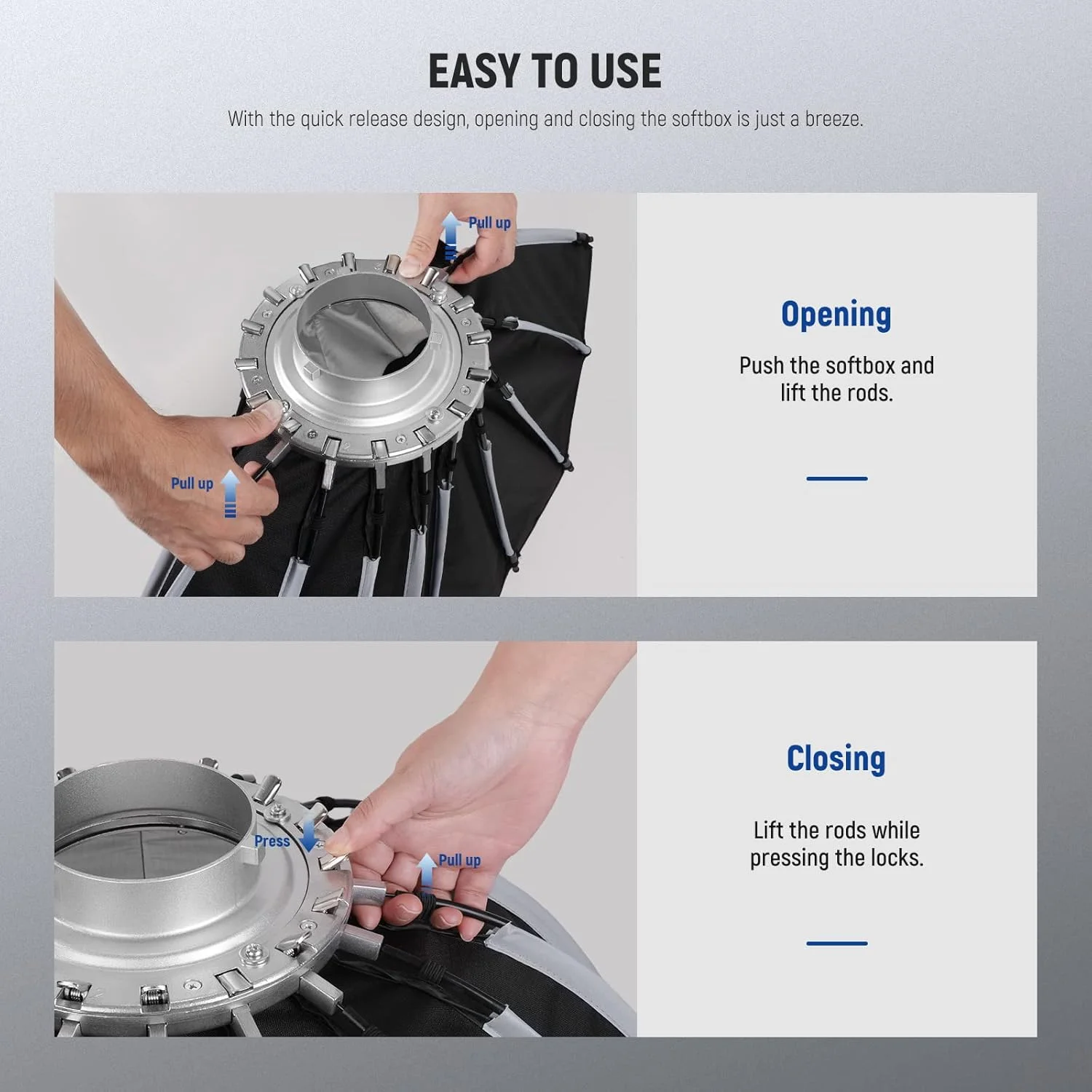 نوربانک پارابولیک 65 سانتی‌متری نیور با نصب و جمع‌شوندگی سریع، به همراه دیفیوزرها/شبکه لانه زنبوری/کیف، سازگار با Aputure 120d Light Dome Godox sl60w NEEWER RGB CB60 و سایر نورهای مانت بوئنز