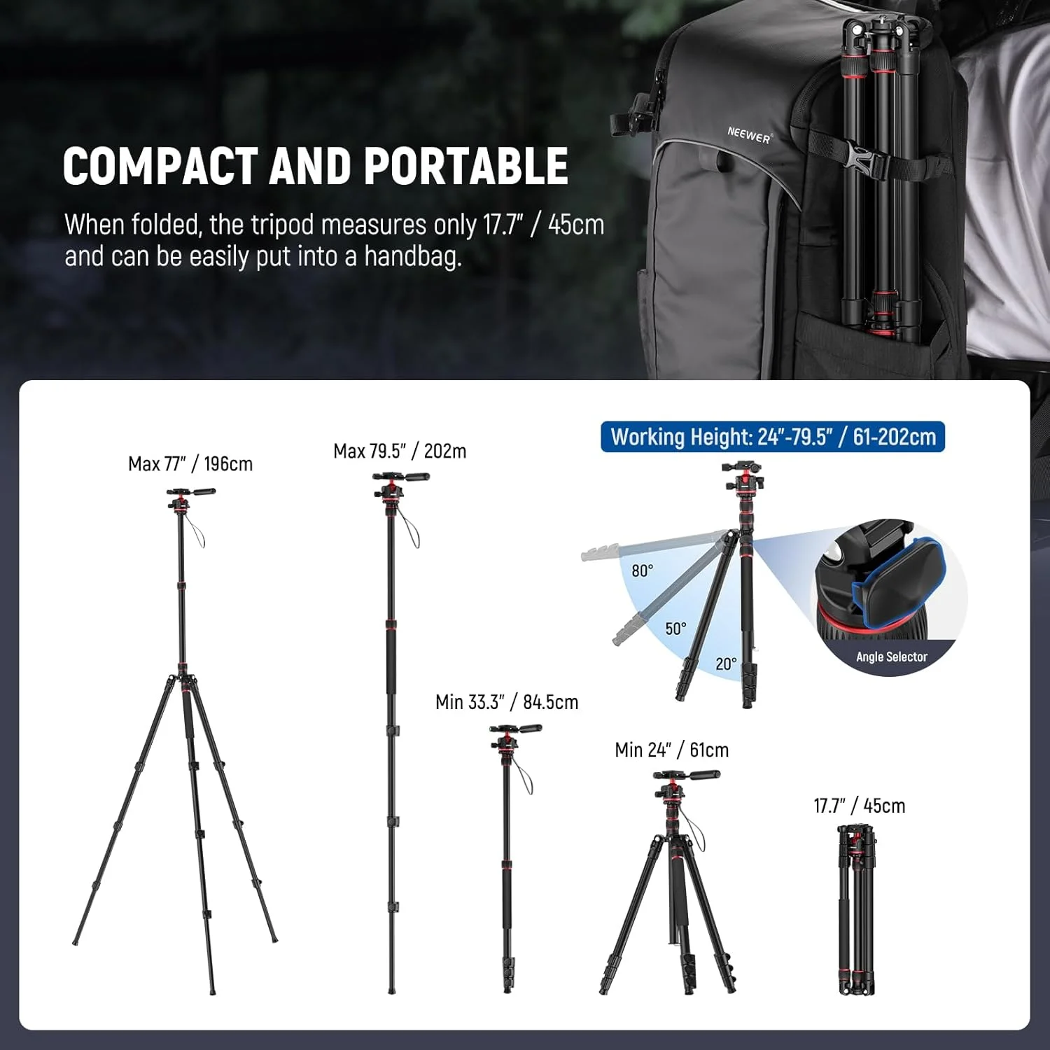 سه پایه دوربین NEEWER 77 اینچی با هد توپی 360 درجه و صفحه QR از نوع Arca، سه پایه ویدیویی DSLR مسافرتی آلومینیومی سبک وزن و جمع و جور با پایه های برگشت پذیر و محور مرکزی معکوس، حداکثر بار 13 پوند، TP08