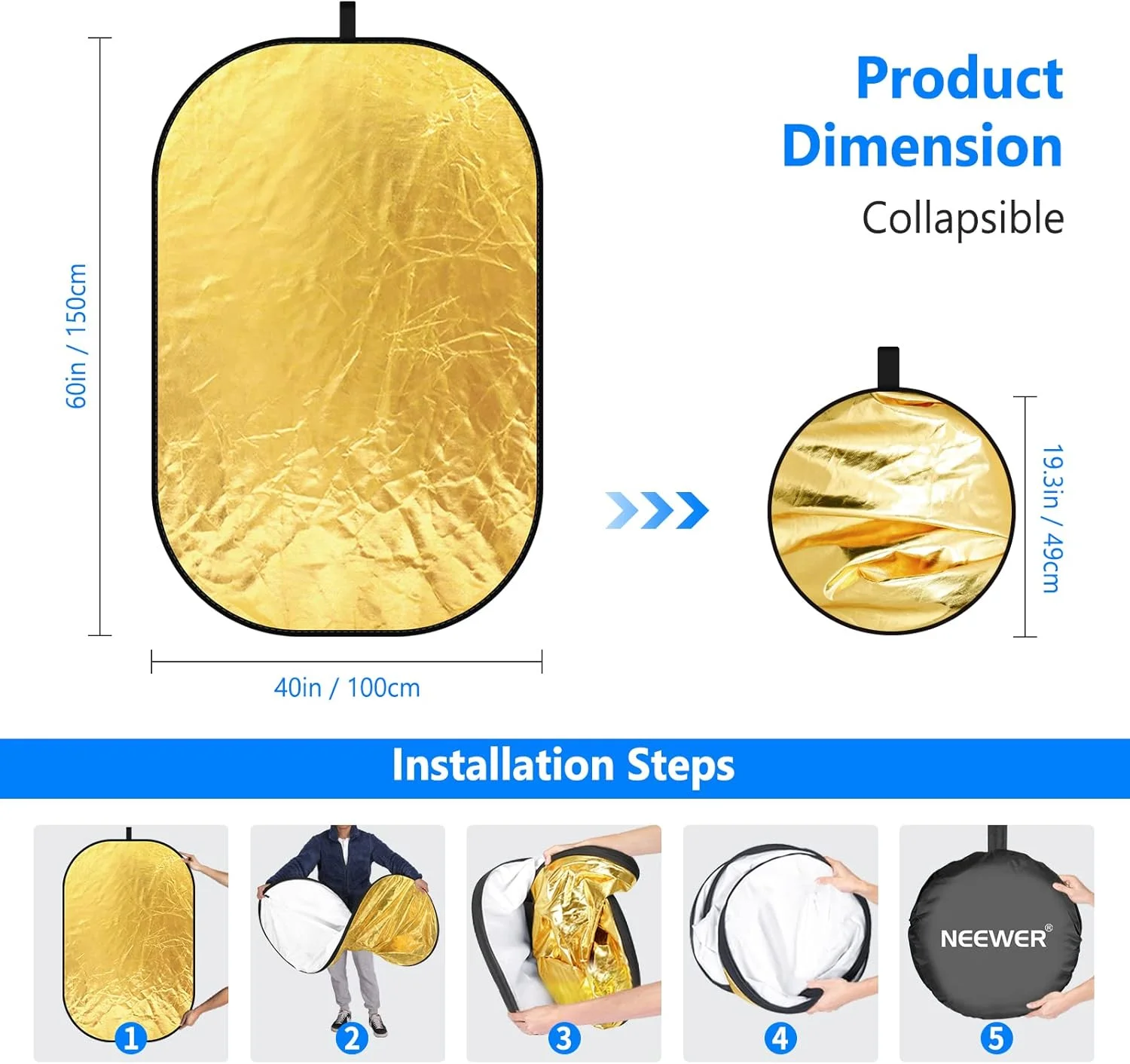 Neewer - 10071556 کیت رفلکتور/دیفیوزر نورپردازی دوربین 5 در 1 قابل حمل 40"x 60"/100 x 150 سانتی متر با کیف حمل برای عکاسی