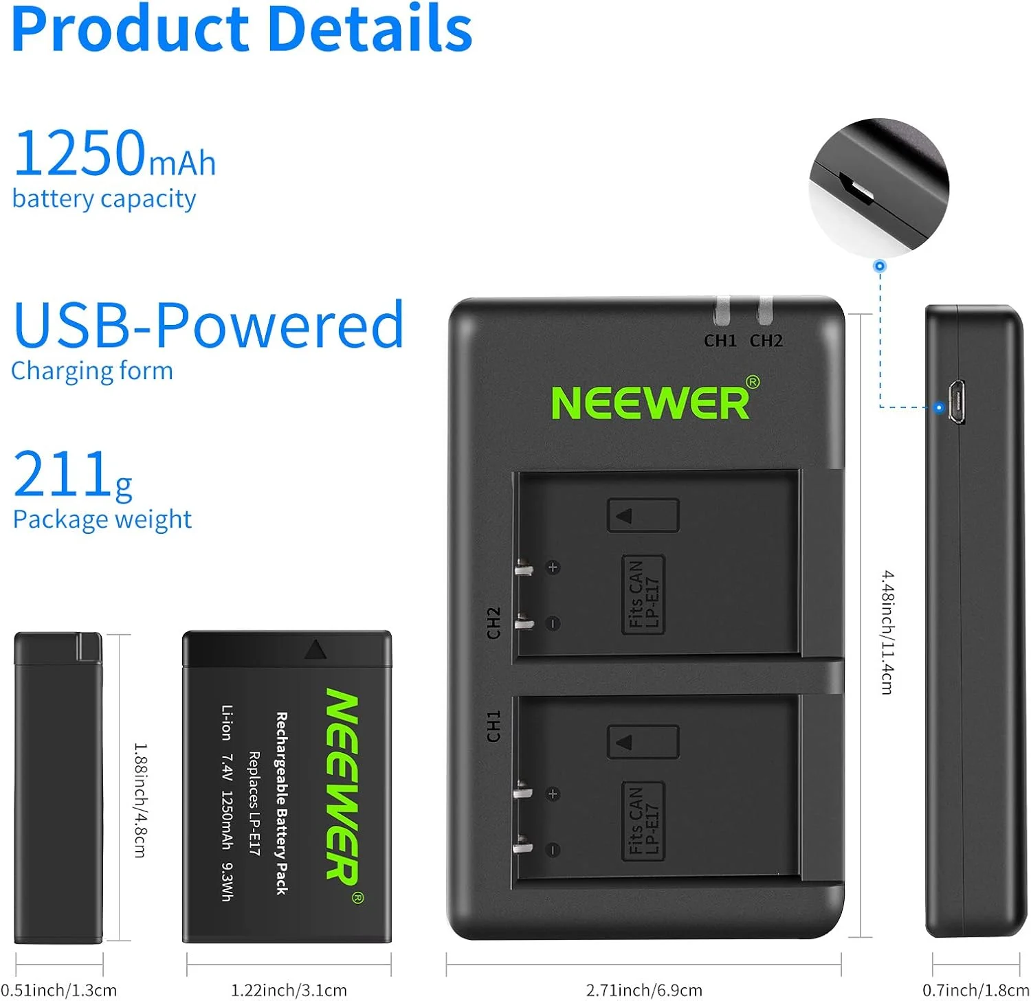 بسته 2 عددی باتری جایگزین LP-E17 نیور و شارژر USB دوگانه برای دوربین های Canon EOS R8, R10, R50, RP, 77D, 750D, 760D, 800D, 8000D, M6 II, M6, M5, M3, Rebel SL2, SL3, T6i, T6s, T7i, T8i بسته 2 عددی باتری جایگزین LP-E17 نیور و شارژر USB دوگانه برای دوربین های Canon EOS R8, R10, R50, RP, 77D, 750D, 760D, 800D, 8000D, M6 II, M6, M5, M3, Rebel SL2, SL3, T6i, T6s, T7i, T8i