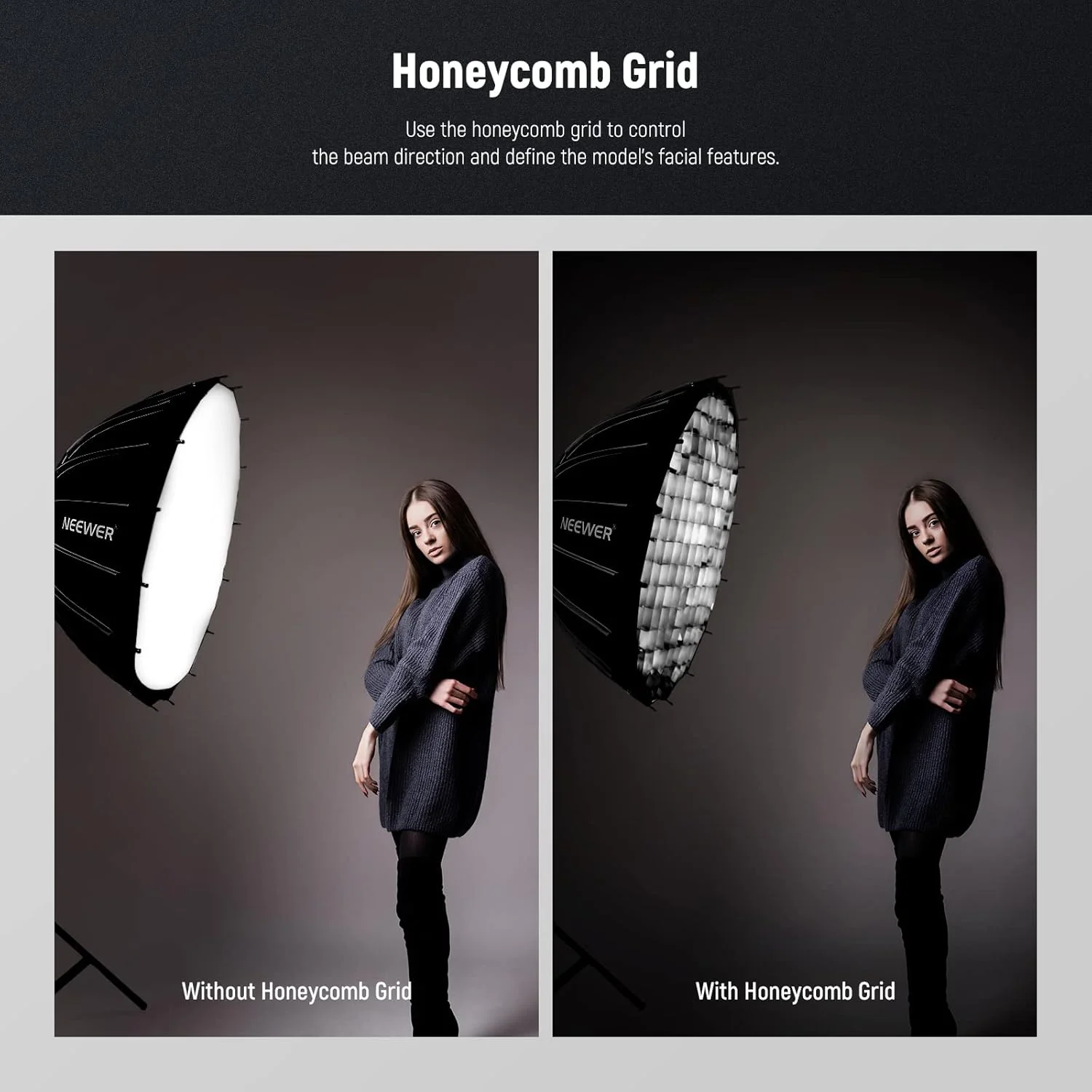 نوربانک پارابولیک 65 سانتی‌متری نیور با نصب و جمع‌شوندگی سریع، به همراه دیفیوزرها/شبکه لانه زنبوری/کیف، سازگار با Aputure 120d Light Dome Godox sl60w NEEWER RGB CB60 و سایر نورهای مانت بوئنز