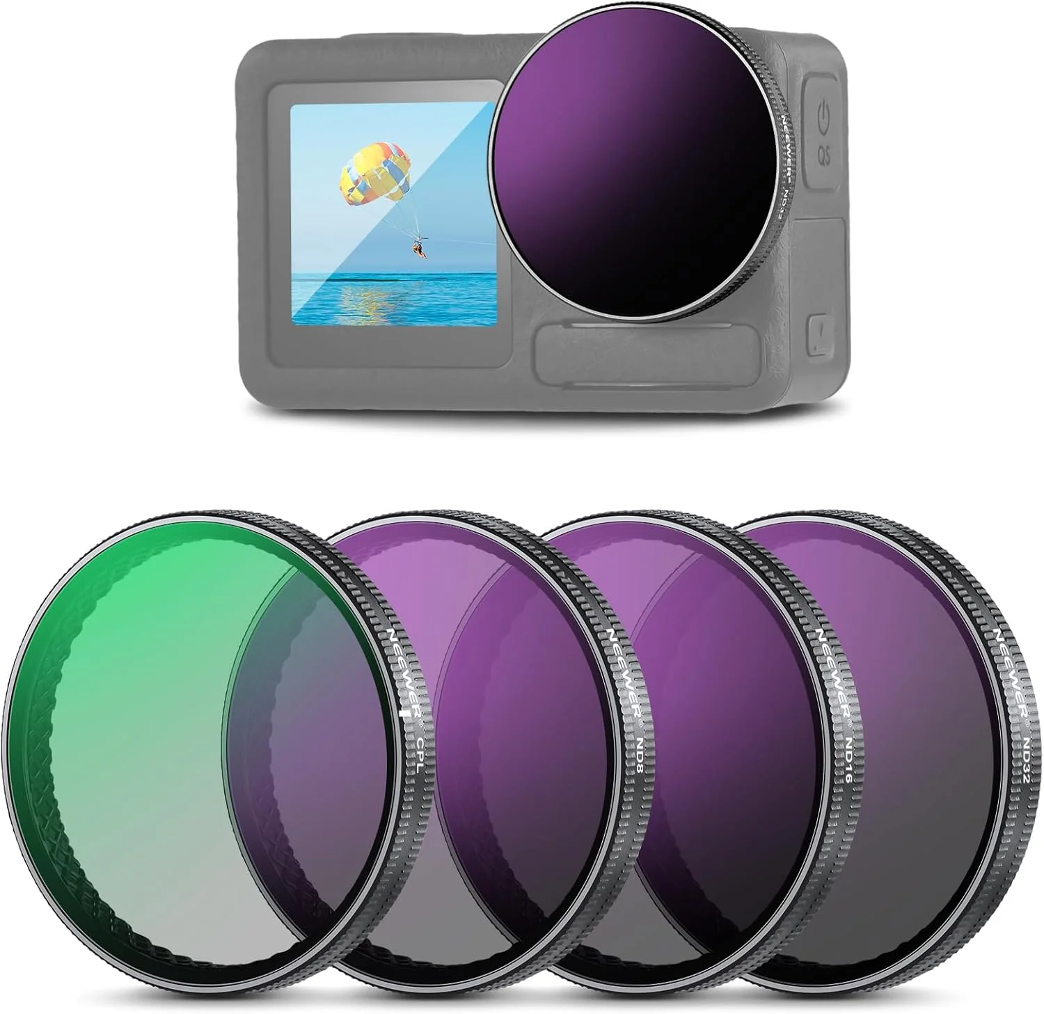 مجموعه فیلترهای ND اسنپ-آن نیوئر سازگار با DJI Osmo Action 3/4/5 Pro، بسته 4 عددی ND8+ND16+ND32+CPL، لوازم جانبی دوربین اکشن فیلتر چگالی خنثی، شیشه HD اپتیکال چند لایه، FL-A76