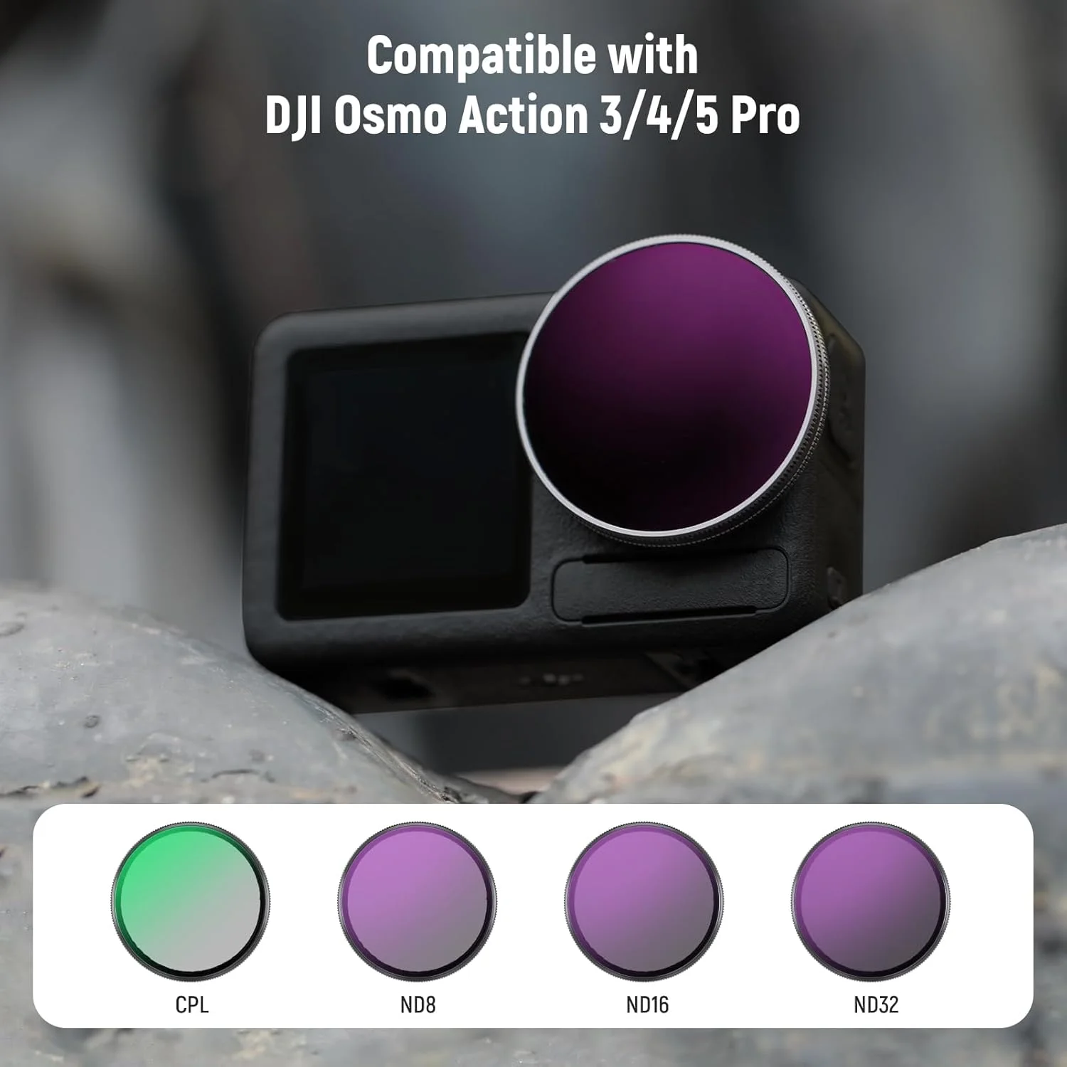 مجموعه فیلترهای ND اسنپ-آن نیوئر سازگار با DJI Osmo Action 3/4/5 Pro، بسته 4 عددی ND8+ND16+ND32+CPL، لوازم جانبی دوربین اکشن فیلتر چگالی خنثی، شیشه HD اپتیکال چند لایه، FL-A76