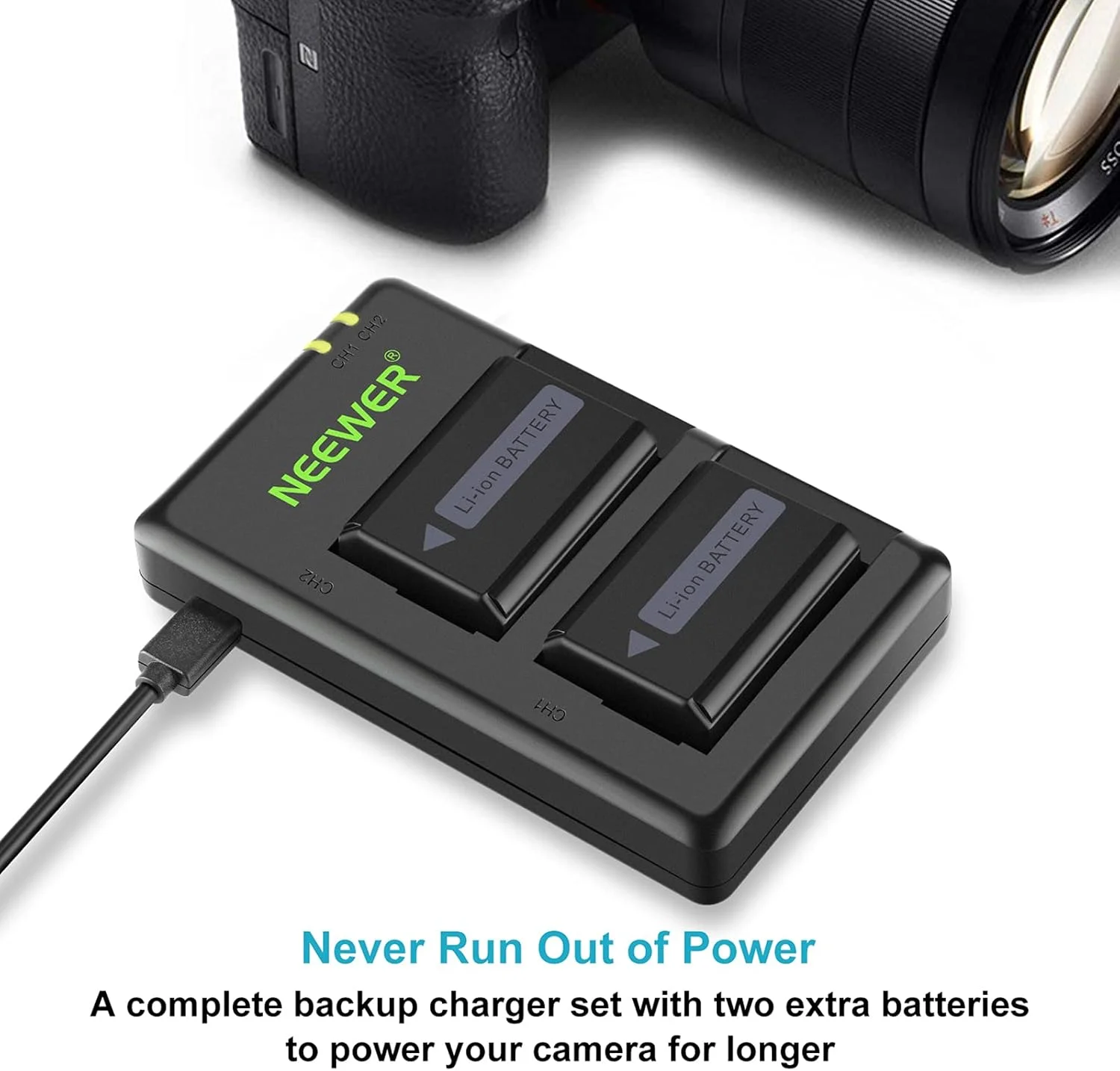مجموعه شارژر باتری دوربین Neewer NP-FW50 سازگار با Sony ZV-E10, A7, A7R, A7RII, A7II, A7SII, A7S, a3000, a5000, a6000, a6300, a6400, a6500, RX10 Series (بسته 2 عددی، درگاه Micro USB، 1100mAh)