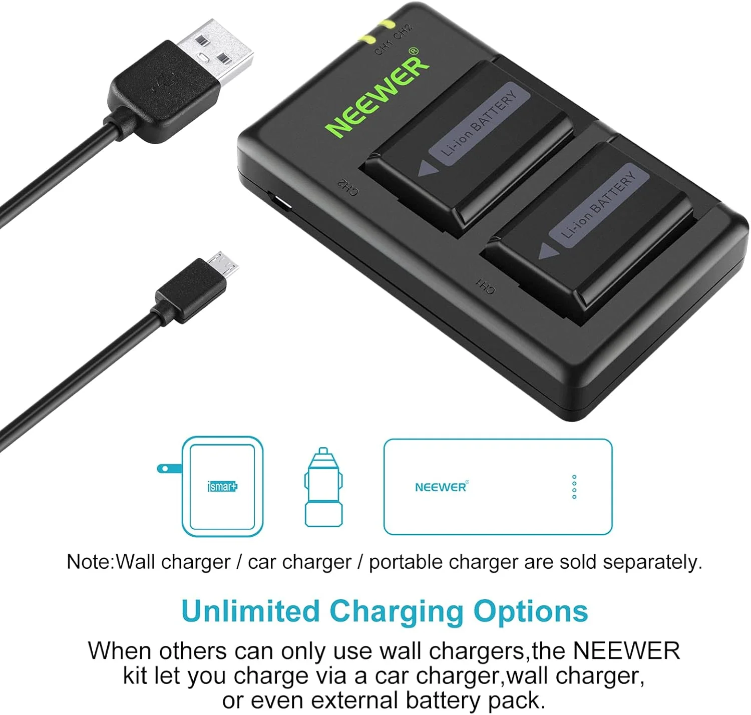 مجموعه شارژر باتری دوربین Neewer NP-FW50 سازگار با Sony ZV-E10, A7, A7R, A7RII, A7II, A7SII, A7S, a3000, a5000, a6000, a6300, a6400, a6500, RX10 Series (بسته 2 عددی، درگاه Micro USB، 1100mAh)