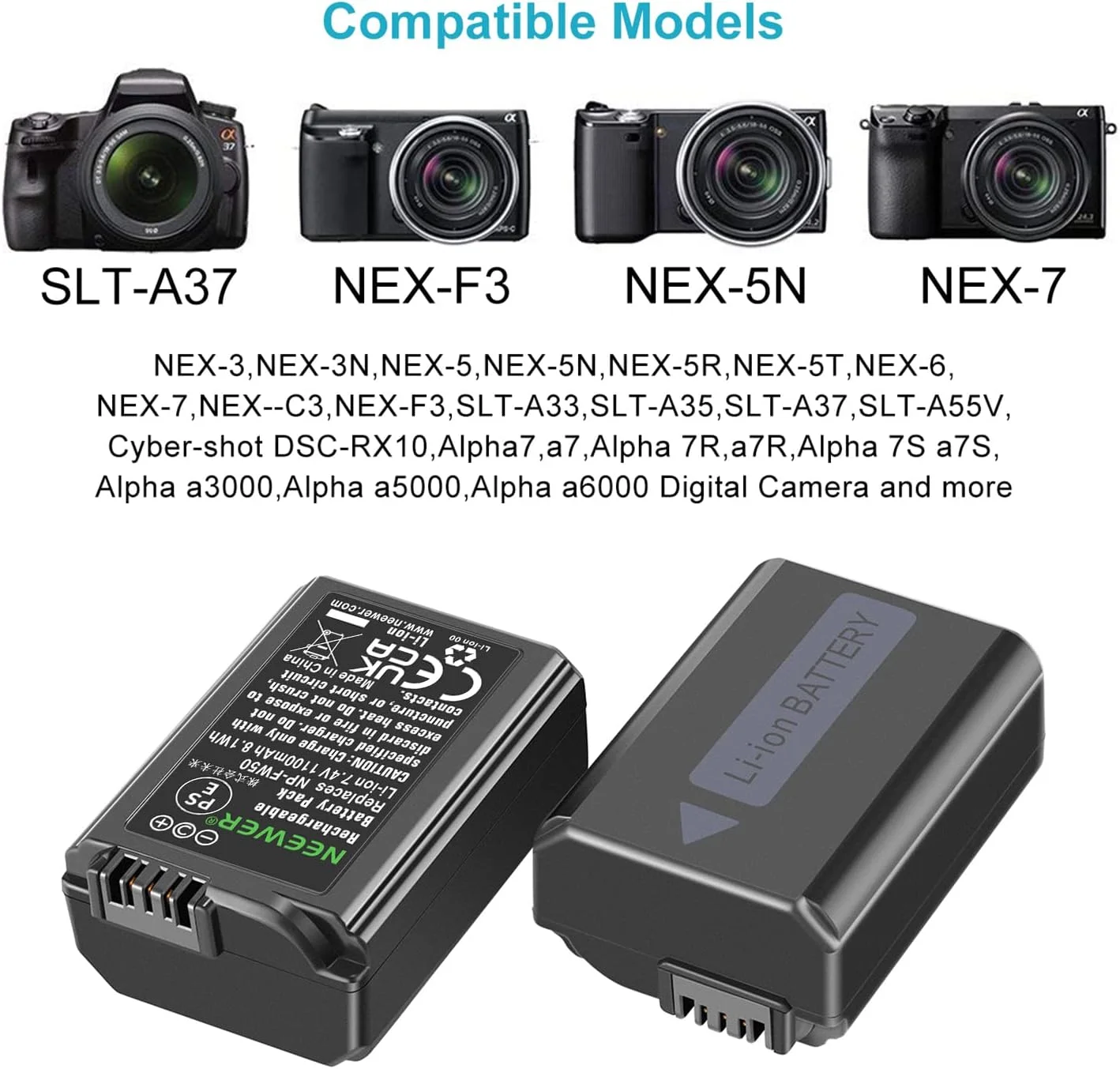 مجموعه شارژر باتری دوربین Neewer NP-FW50 سازگار با Sony ZV-E10, A7, A7R, A7RII, A7II, A7SII, A7S, a3000, a5000, a6000, a6300, a6400, a6500, RX10 Series (بسته 2 عددی، درگاه Micro USB، 1100mAh)