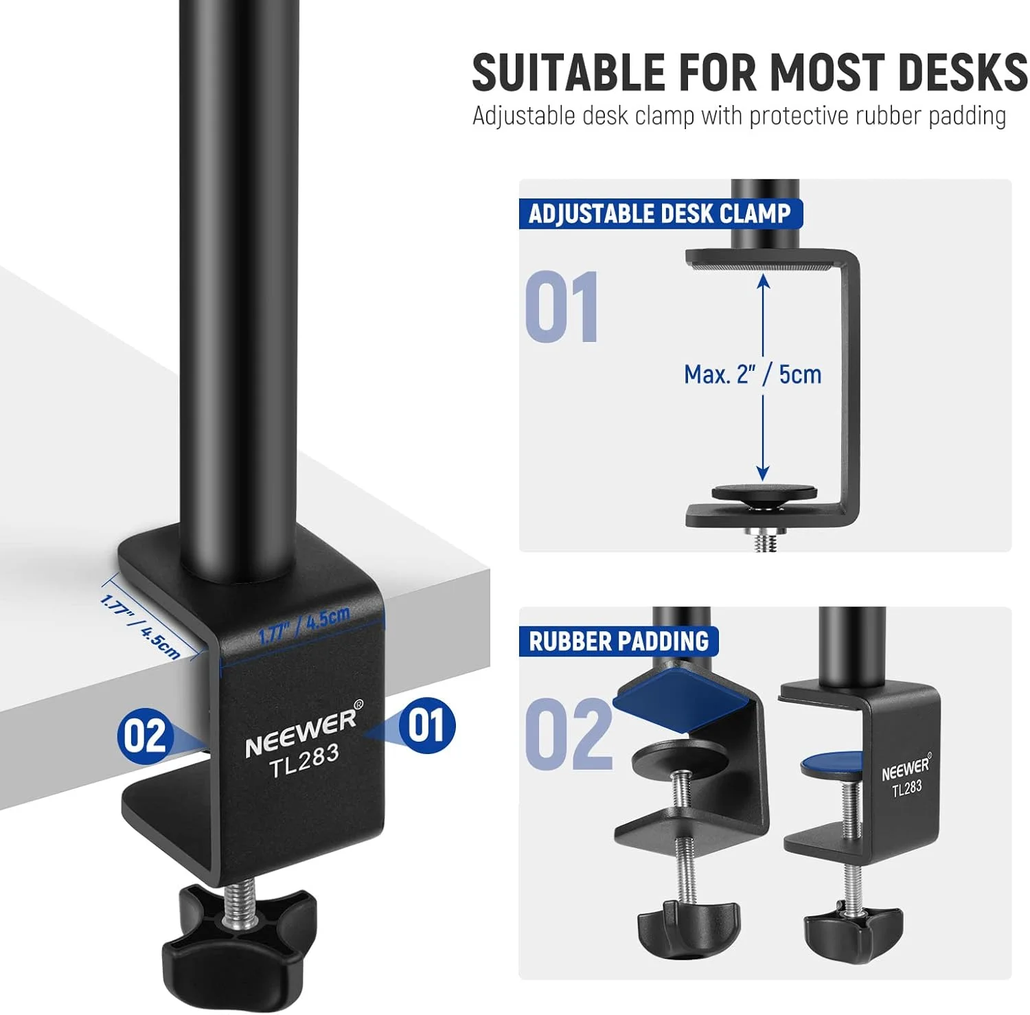 پایه رومیزی دوربین NEEWER با سر توپی 1/4 اینچی، پایه نور رومیزی قابل تنظیم 43 تا 101 سانتی‌متری با آداپتور پیچ 1/4 اینچی و گیره C برای دوربین DSLR، رینگ لایت، پخش زنده، ولاگ، حداکثر بار: 3 کیلوگرم