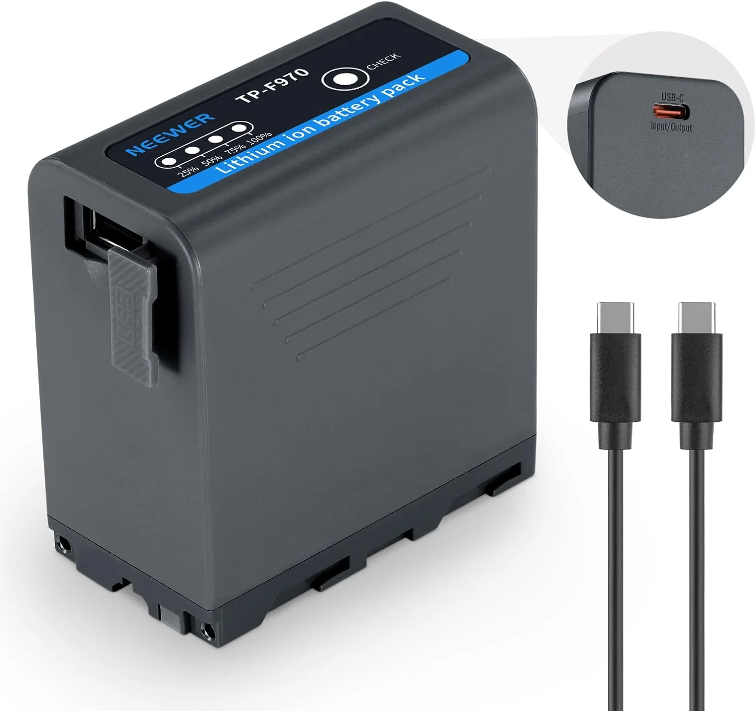 باتری جایگزین Neewer NP-F970 با ظرفیت 10500mAh، زمان شارژ کامل 4.8 ساعت، کابل USB C با شارژ سریع 20W PD، باتری قابل شارژ دوربین فیلمبرداری نور ویدئو مانیتور برای Sony NP-F550 F750 F950 F970، خاکستری