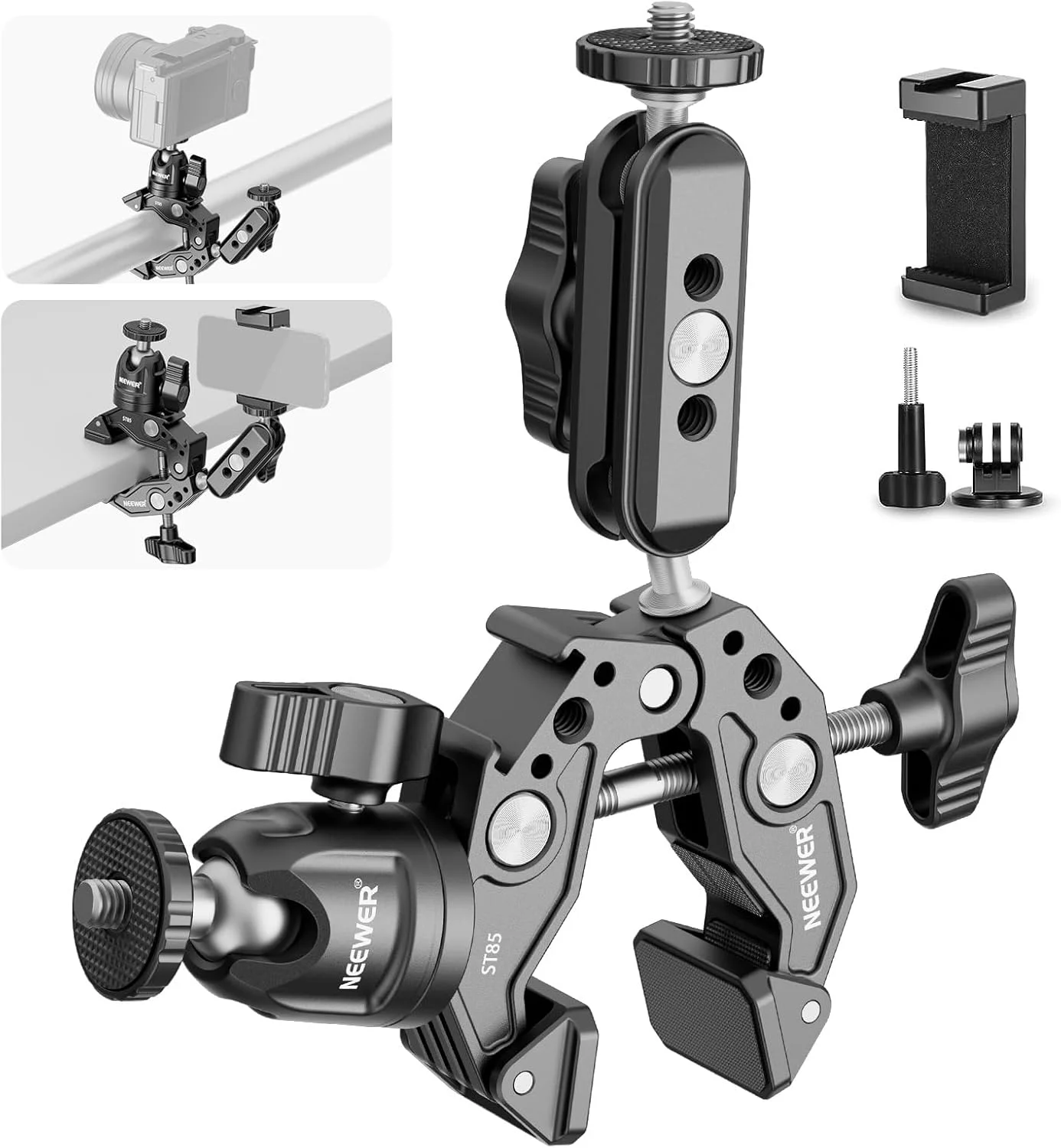 گیره سوپر نیور با بازوی جادویی دو سر توپی 3 اینچی، آداپتور سر توپی، کفشک سرد، نگهدارنده، پایه گیره دوربین اکشن برای سطوح صاف/گرد سازگار با GoPro DJI، 15 Pro Max، ST85
