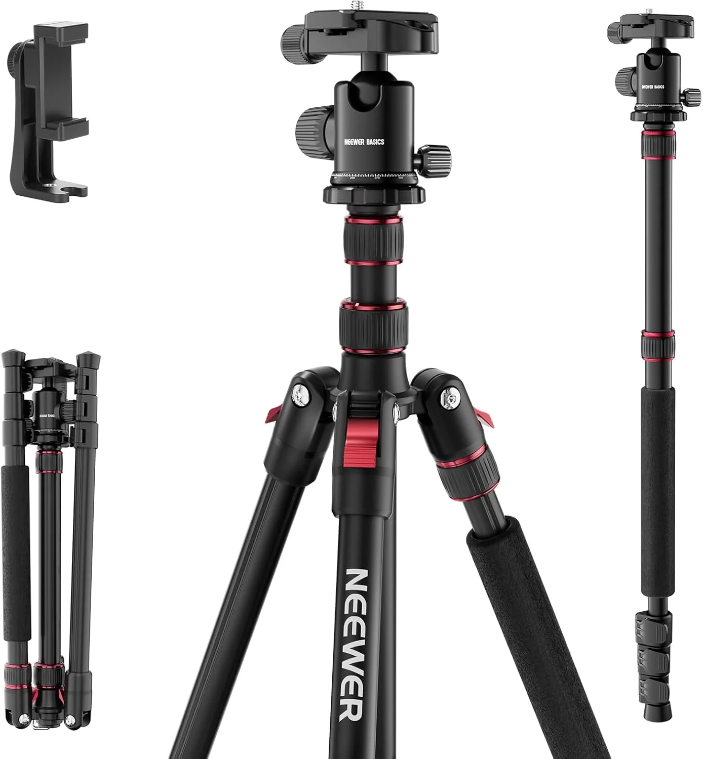 تک پایه و سه پایه دوربین NEEWER Basics، پایه نگهدارنده گوشی موبایل و دوربین DSLR آلومینیومی مقاوم و قابل حمل 71 اینچی با هد توپی 360 درجه، سازگار با آیفون برای فیلمبرداری، مدل TP15