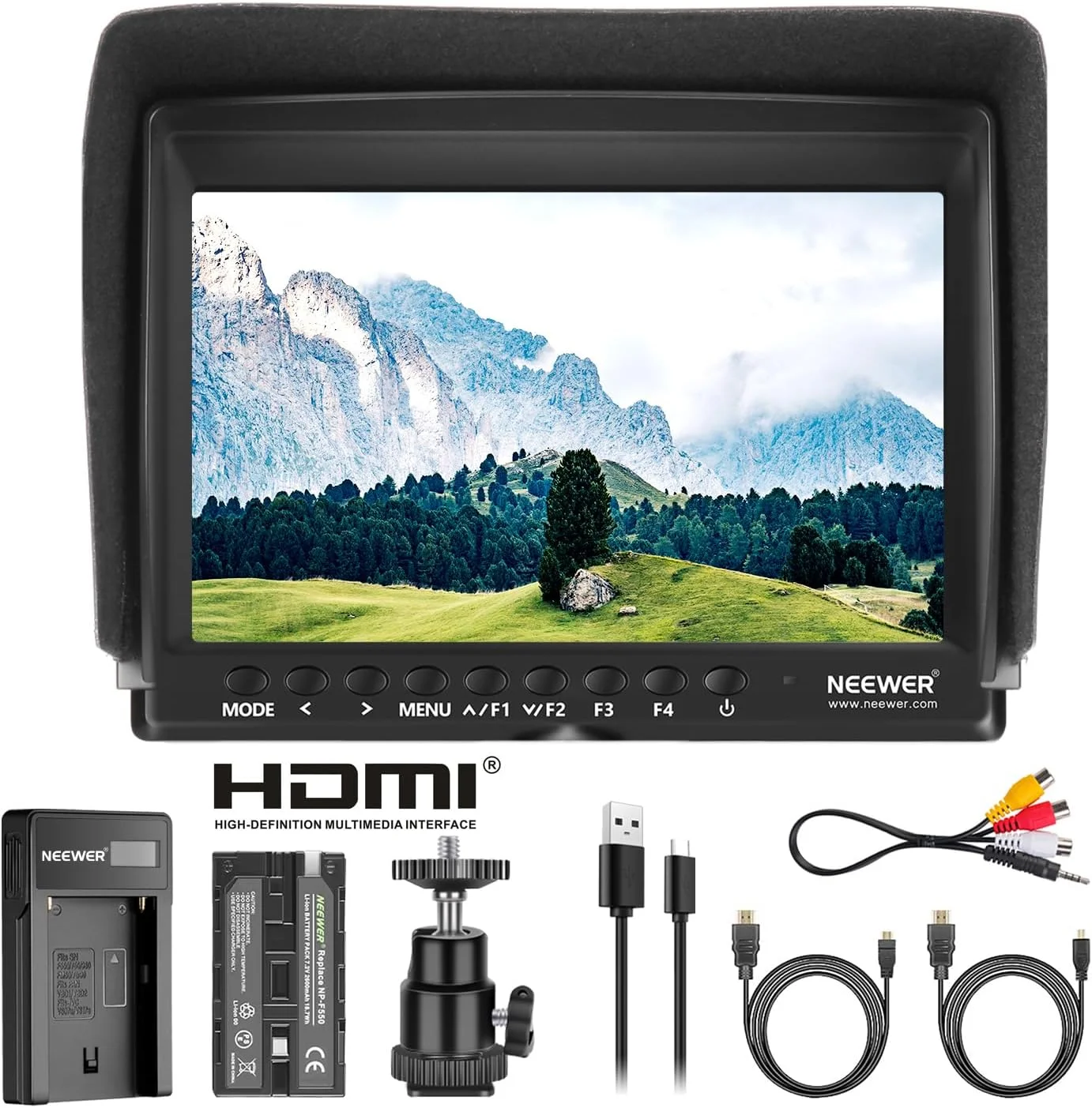 کیت مانیتور صحنه دوربین نیور F100 با صفحه نمایش 7 اینچی IPS با رزولوشن 1280x800: پشتیبانی از ورودی با بسته باتری لیتیوم یونی قابل شارژ 2600 میلی آمپر ساعتی، شارژر باتری USB برای دوربین DSLR/فیلمبرداری