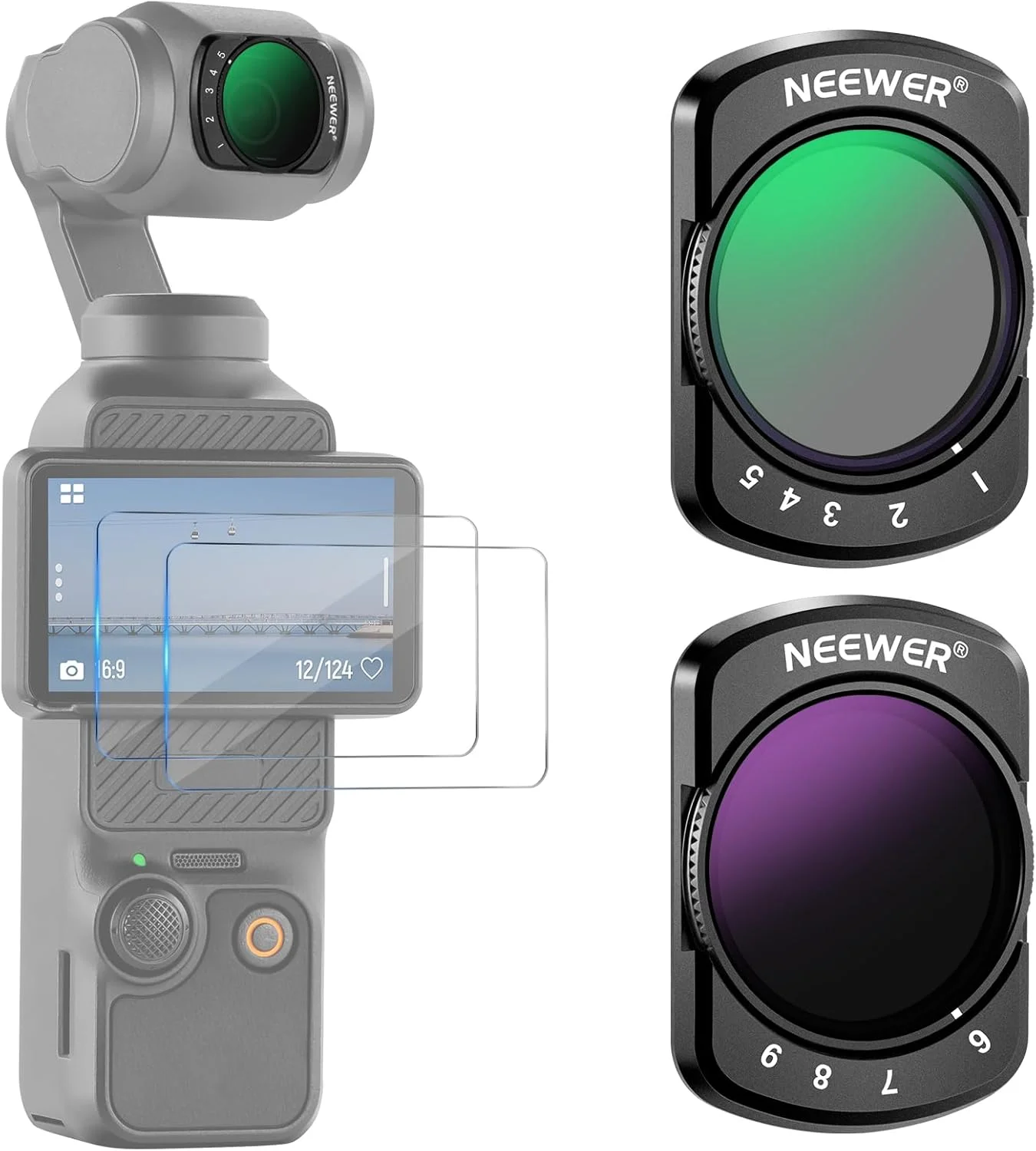 کیت فیلترهای ND متغیر ND2-ND32 و ND64-ND512 نیور سازگار با لوازم جانبی DJI Osmo Pocket 3 Creator Combo، فیلترهای کاهنده نور با توقف محدود، 2 محافظ صفحه نمایش، لوازم جانبی دوربین اکشن