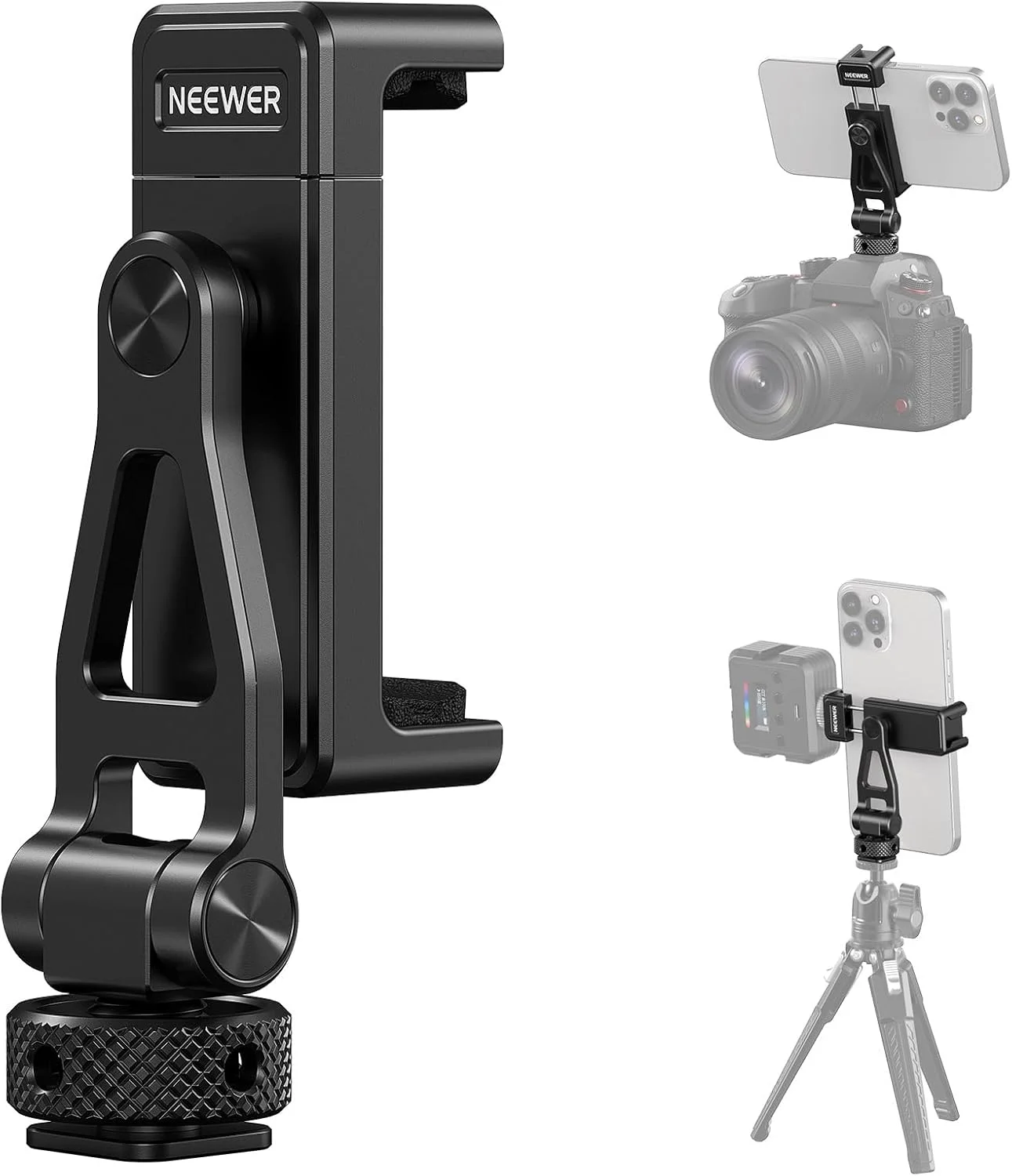 نگهدارنده فلزی گوشی موبایل NEEWER با کفشک سرد، رزوه ¼ اینچی، شیب 180 درجه، چرخش 360 درجه، گیره قابل تنظیم گوشی برای آیفون 16/15 پرو مکس/S24 Ultra و غیره، مشکی