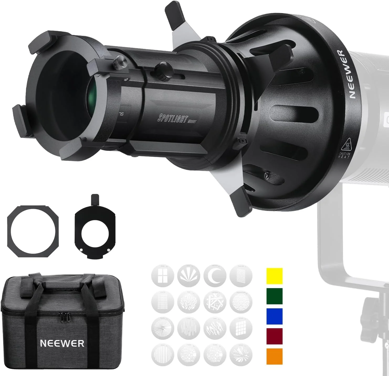 نورافکن اسنوت Neewer با لنز پروجکشن 40 درجه، فوکوس قابل تنظیم، 16 گوبو فلزی، 5 ژل رنگی، کیف، اسنوت مخروطی برای نورپردازی مداوم LED با مانت بوئنز تا 300 وات، LS-38