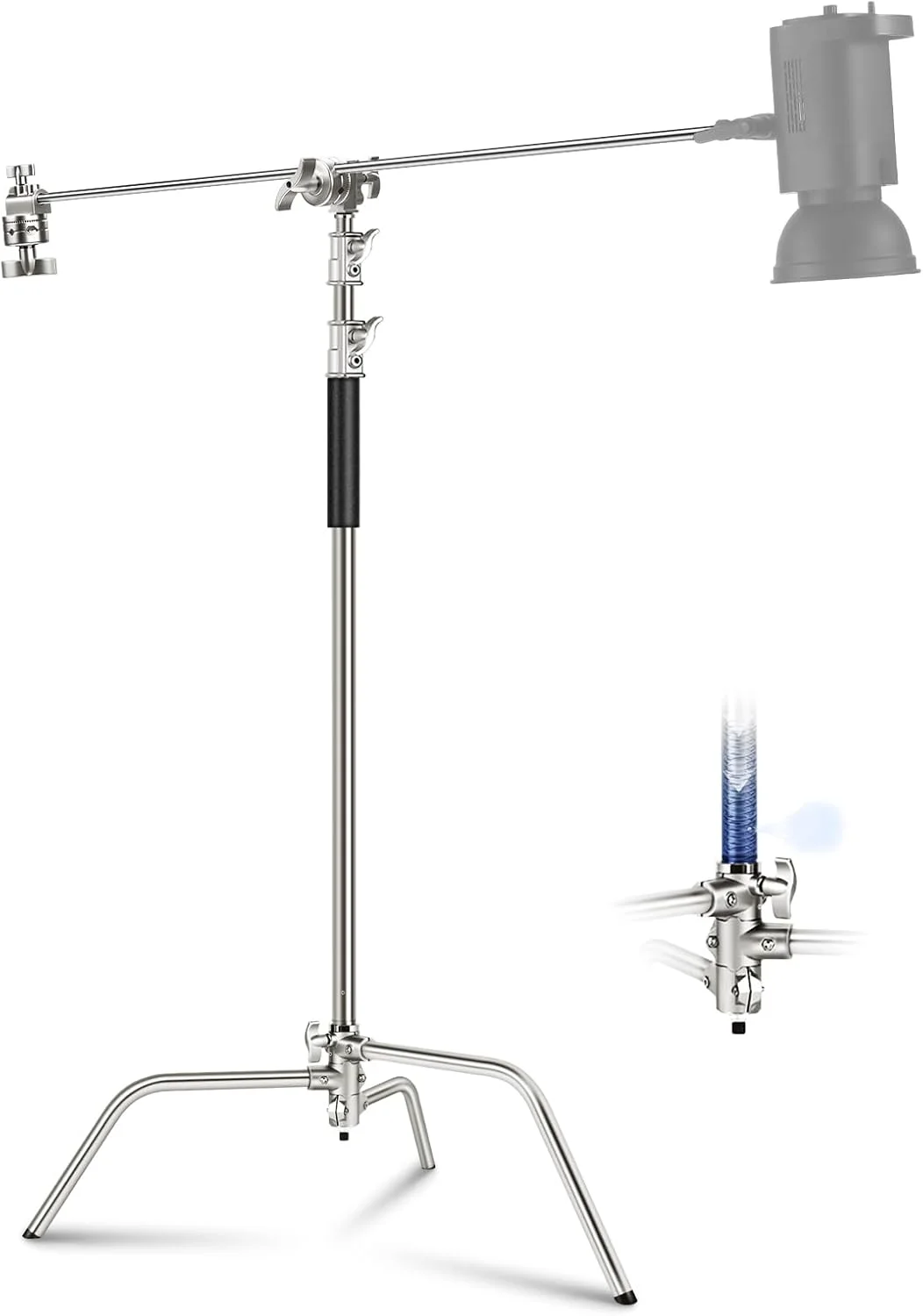 پایه C استیل ضد زنگ نیوئر با بازوی بوم حرفه ای، حداکثر ارتفاع 330 سانتی متر، پایه نورپردازی سنگین با بالشتک هوا و بازوی نگهدارنده 128 سانتی متری برای مونو لایت، سافت باکس و رفلکتور