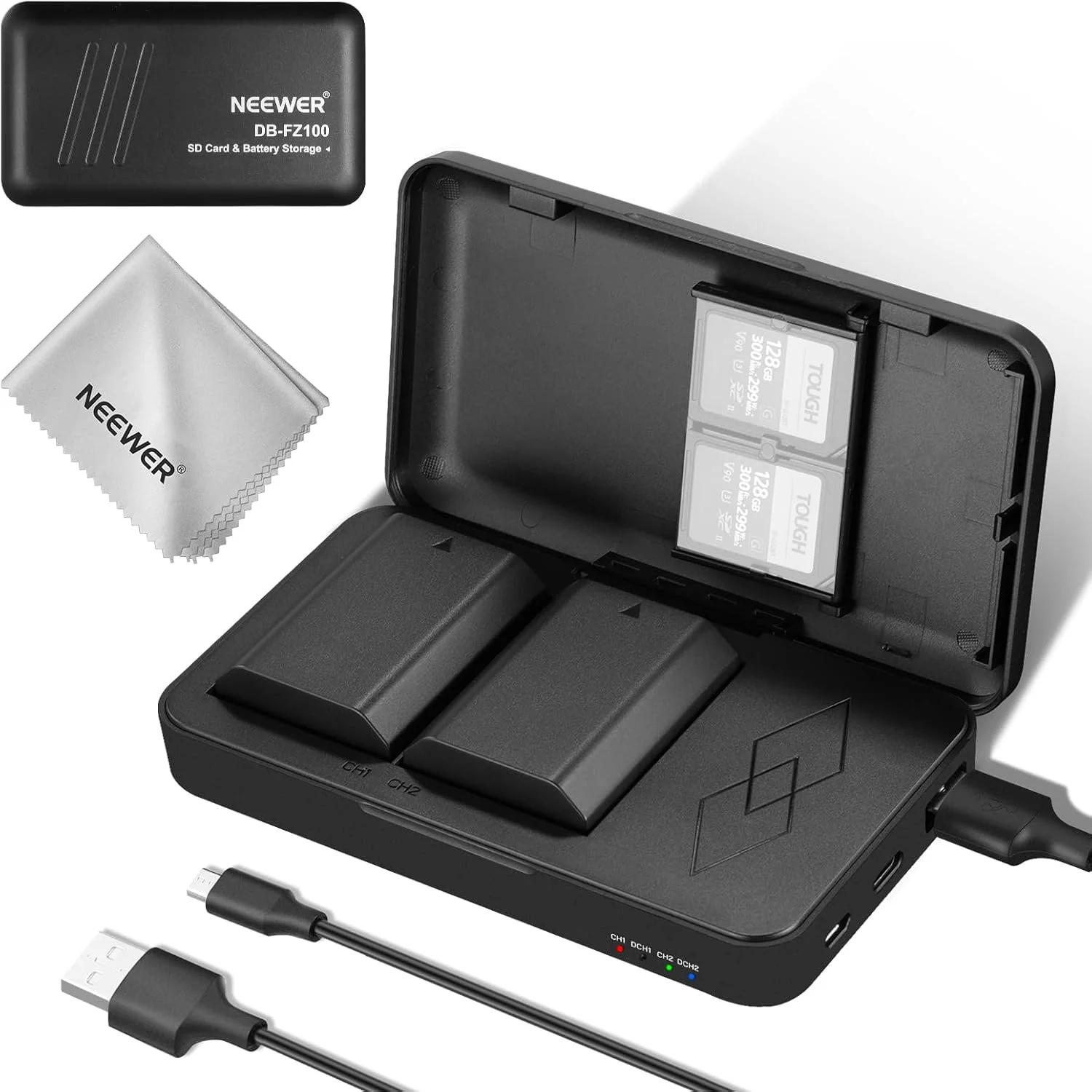 مجموعه شارژر باتری جایگزین NEEWER 2280mAh NP-FZ100، شامل 2 باتری و 1 جعبه شارژ دو کاناله USB سازگار با SONY A7 IV A1 A9 II A9 A7S III A7R IV A7R III A7C A7 III A6600 FX3