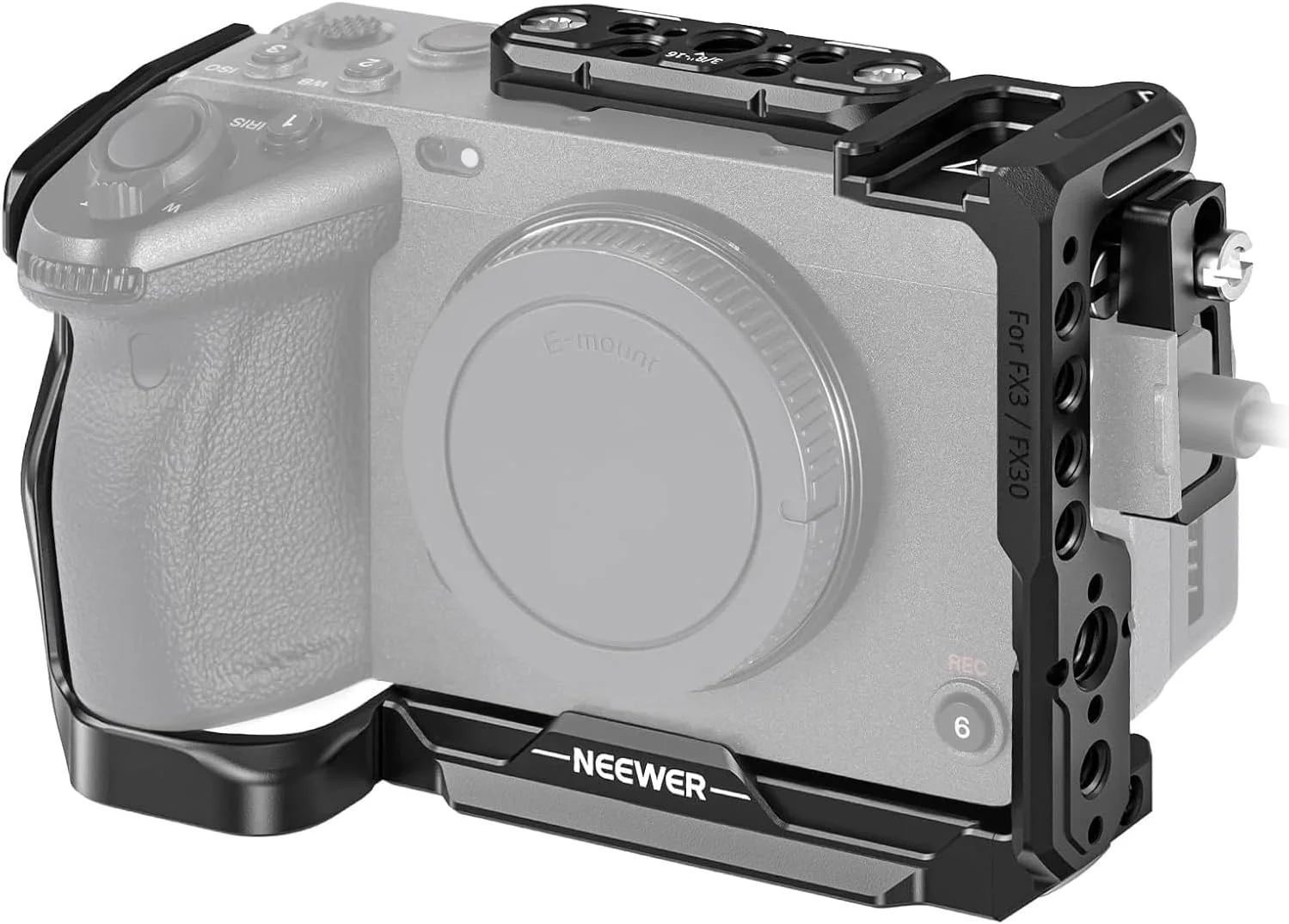 محافظ دوربین NEEWER FX3/FX30 با بست کابل HDMI، ریل ناتو، سوراخ های موقعیت یابی ARRI 3/8 اینچی، رزوه 1/4 اینچی سازگار با دسته XLR اصلی Sony FX3 FX30، سازگار با DJI RS2 RS3