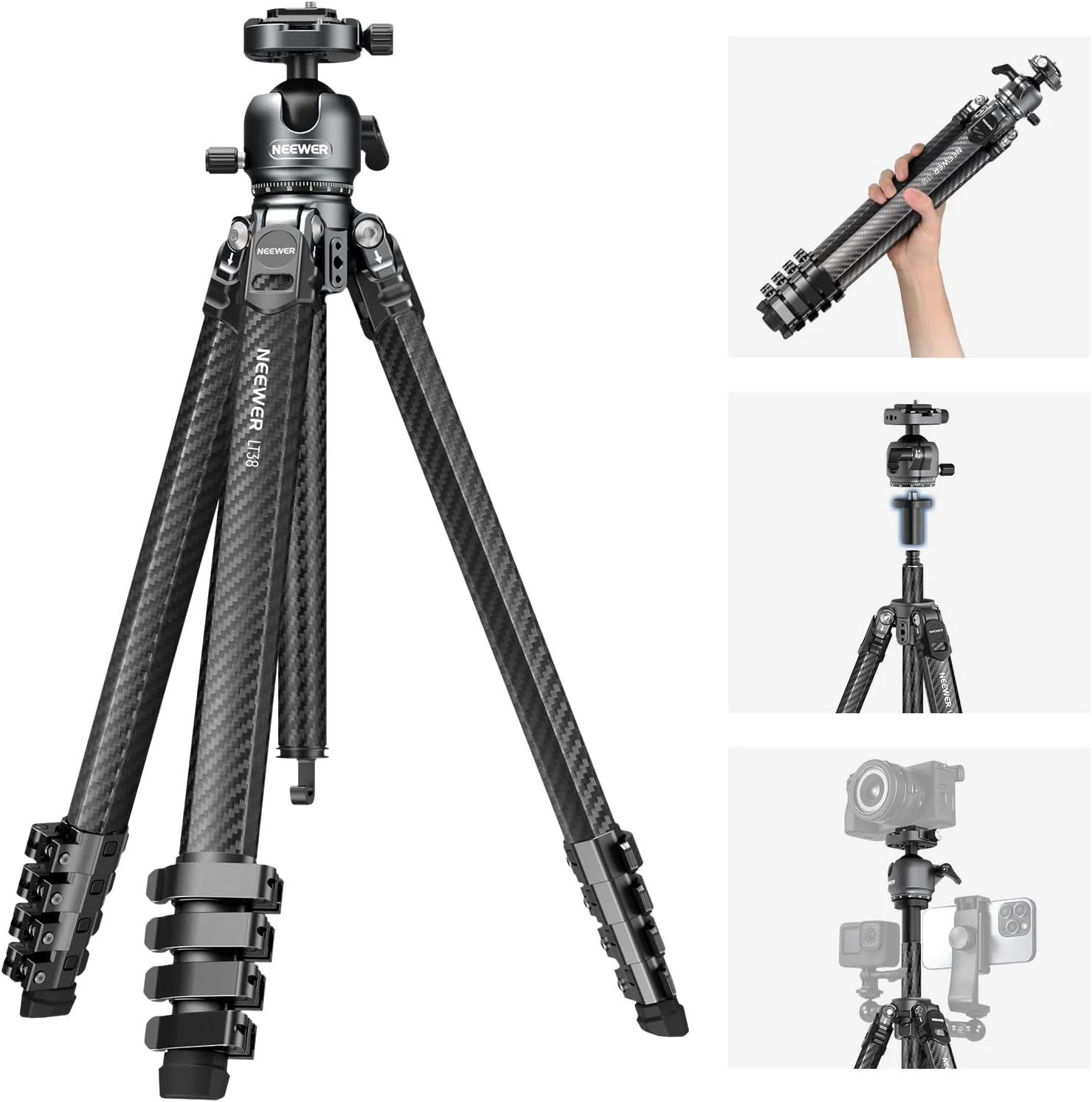 سه پایه مسافرتی فیبر کربنی NEEWER LITETRIP LT38 61 اینچی برای دوربین، هد توپی کم مشخصات با قابلیت چرخش 360 درجه، محور مرکزی انعطاف پذیر، سازگار با صفحه QR Arca با گیره سه پایه Peak Design V3، حداکثر بار 10 کیلوگرم