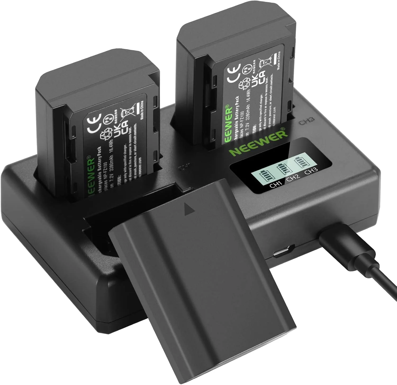 مجموعه باتری جایگزین NEEWER NP-FZ100 و شارژر، 3 عدد باتری 2280mAh NP-FZ100 و شارژر USB سه گانه سازگار با Sony A1, A9, A9 II, A7R IV, A7S III, A7 III, A7 IV, A6600, A7C