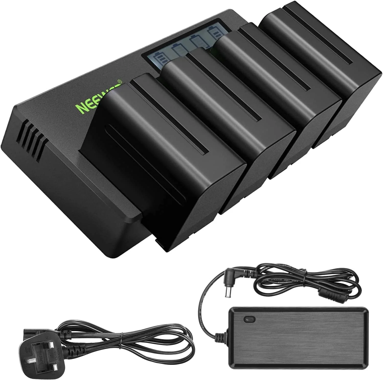 بسته چهارتایی باتری جایگزین Neewer NP-F970 با ظرفیت 6600mAh و شارژر 4 کاناله باتری و آداپتور برق، سازگار با NP-F550/750/770/970 FM500H QM71D QM91D، مانیتور صحرایی، نور ویدئویی