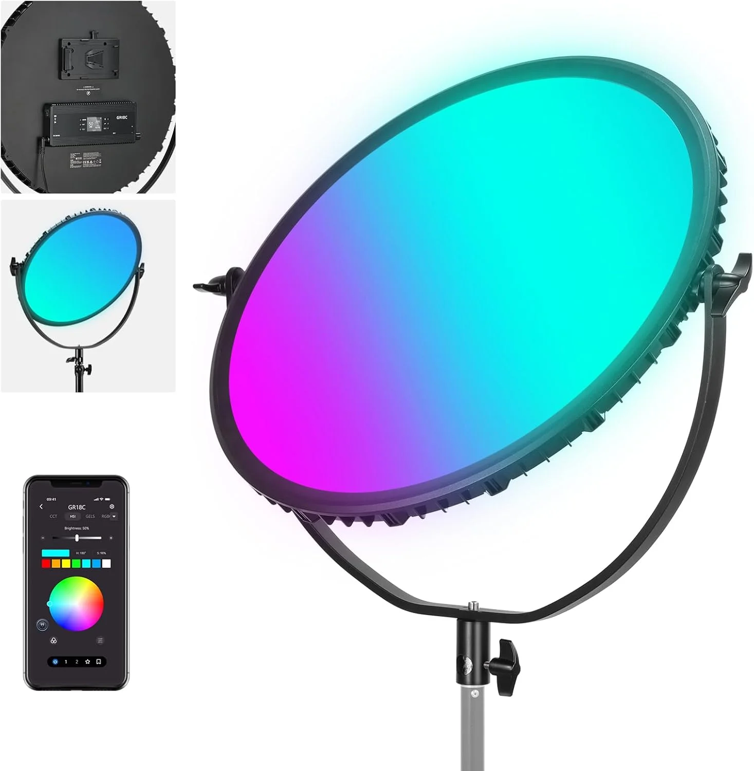نور ویدیویی پنل گرد ال ای دی RGB نیور 18 اینچی با کنترل برنامه، 65 وات 6000 لوکس/0.5 متر 2500K-8500K نورپردازی استودیویی عکاسی RGBCW /18 صحنه/ با باتری V برای فیلمبرداری، ضبط و استریم در فضای باز، GR18C