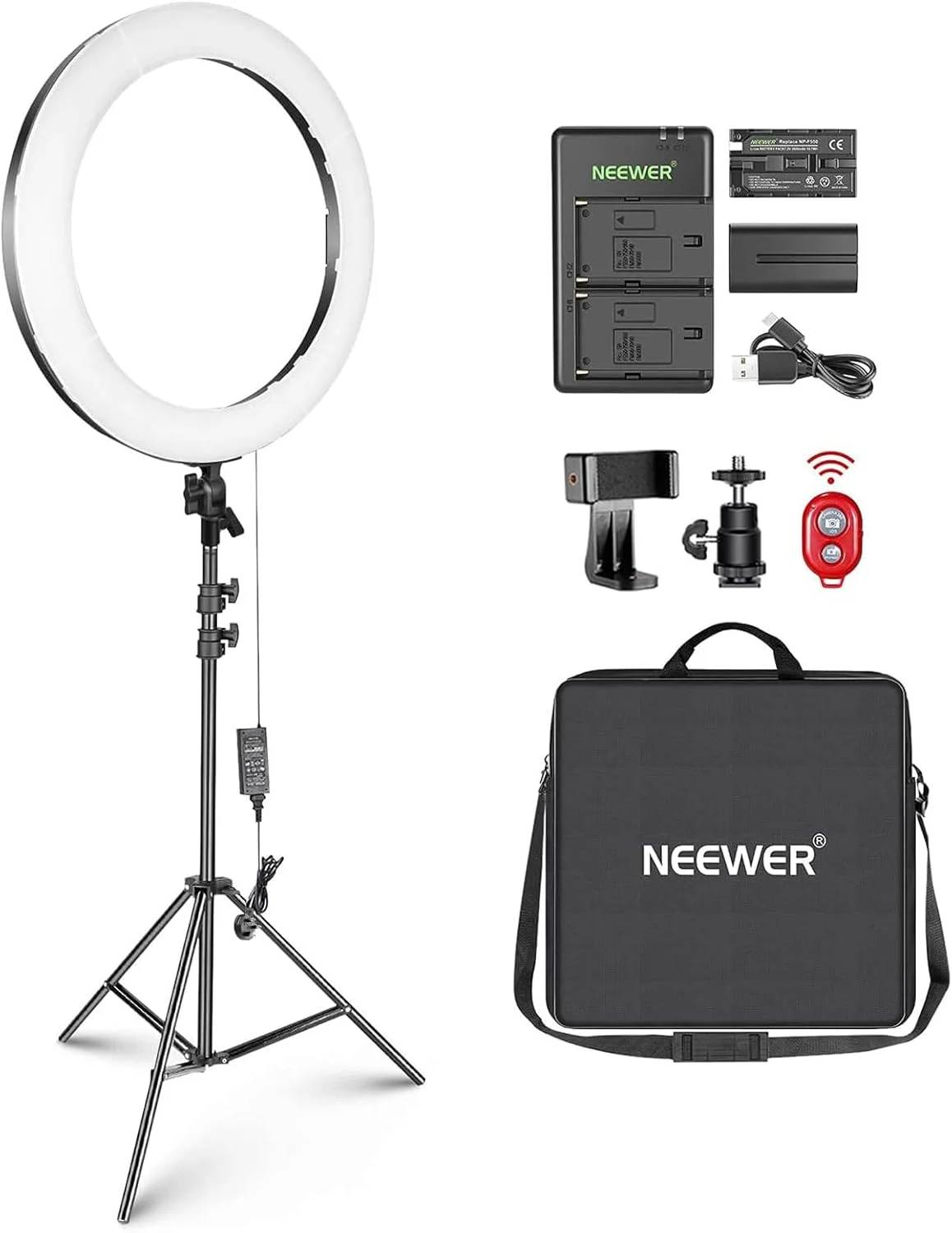 نور حلقوی ال ای دی 20 اینچی Neewer مدل RP20-B به همراه پایه و نگهدارنده تلفن، 44 وات 3200K-5600K با گزینه های تغذیه باتری/DC، شارژر باتری USB، برای آرایش، تاتو، مژه، آرایشگاه، سالن، یوتیوب، نورپردازی ویدئویی تیک تاک