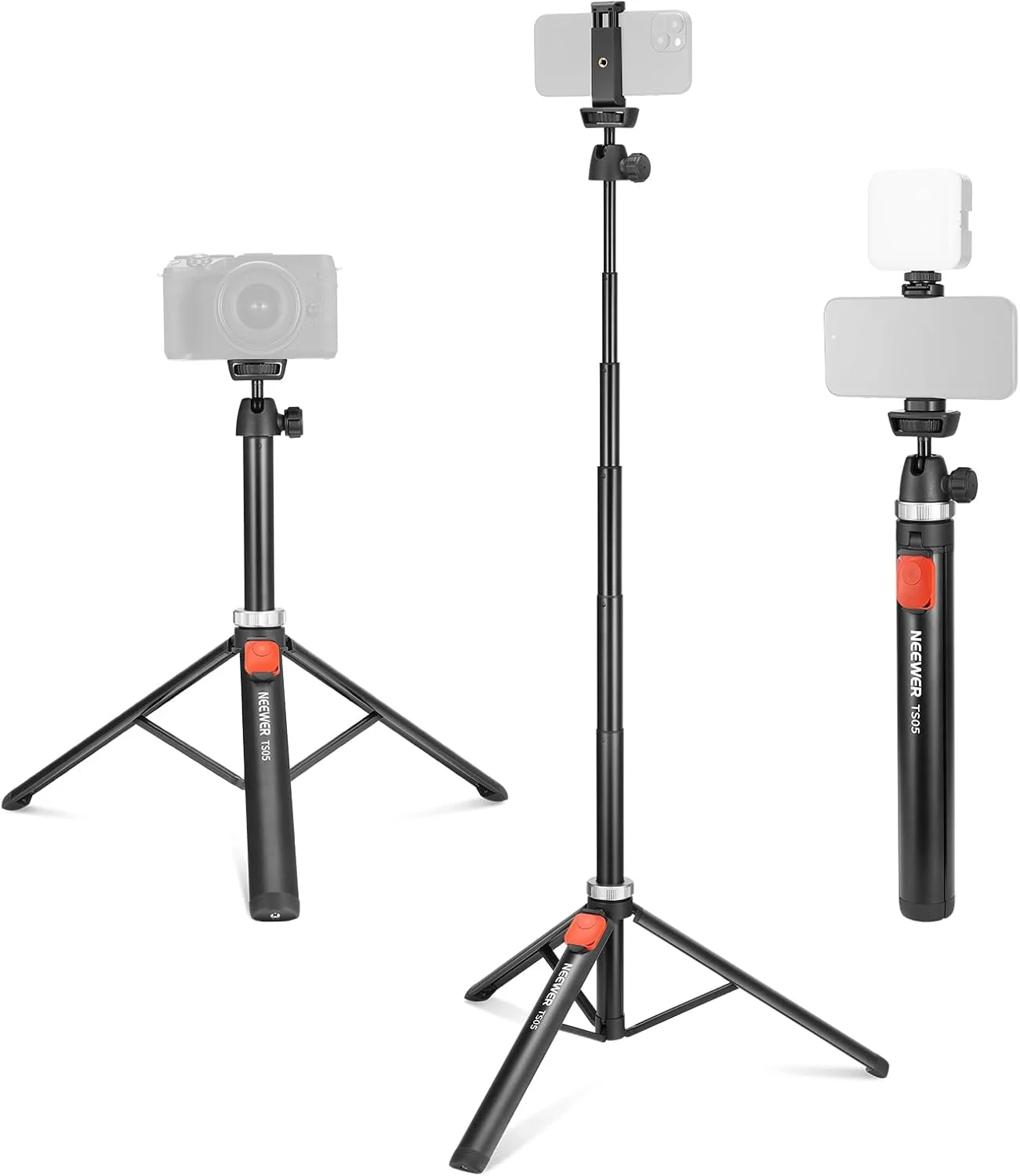 سه پایه تلفن NEEWER برای موبایل و دوربین به همراه ریموت، پایه سلفی استیک تمام فلزی 65.2 اینچی، سه پایه مسافرتی برای آیفون با نگهدارنده تلفن، سه پایه دوربین قابل حمل برای Canon Sony DLSR GoPro، مدل TS05