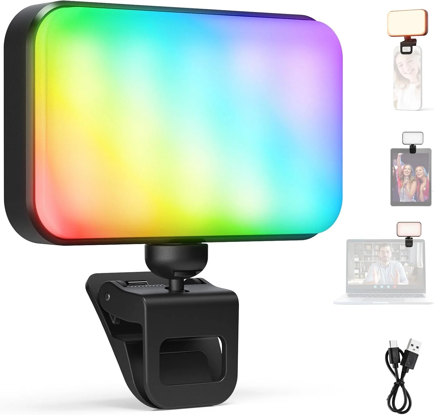 نور سلفی LED RGB نیوئر مدل N6C با گیره، دارای 91 LED، سازگار با آیفون، 20 جلوه نوری، CRI92 1000mAh، مناسب برای وب کم کامپیوتر، لپ تاپ، کنفرانس ویدیویی زوم و ضبط