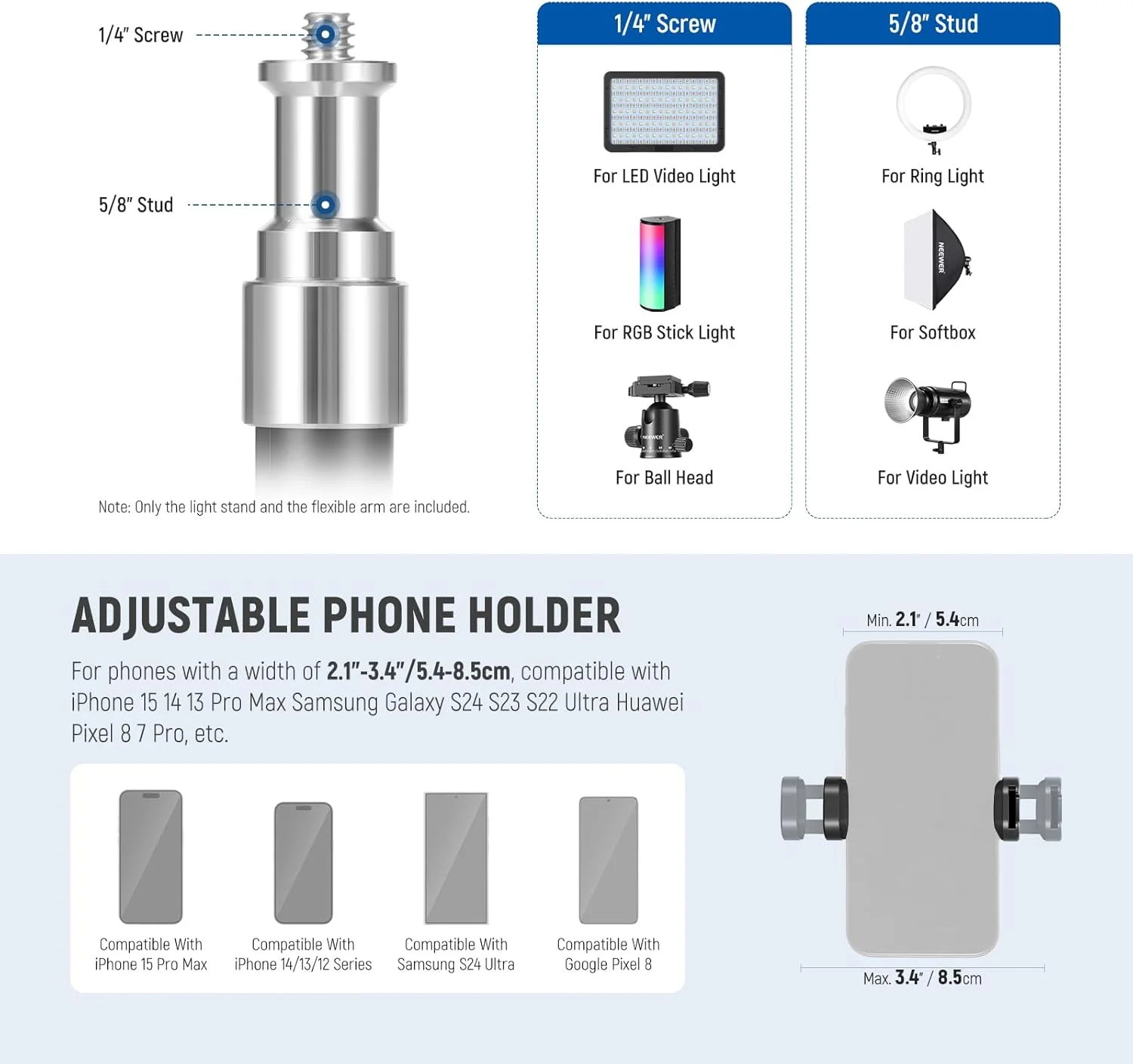 سه پایه گوشی 71 اینچی NEEWER با پایه های برگشت پذیر، بازوی انعطاف پذیر، سر توپی 360 درجه، نگهدارنده گوشی و کنترل از راه دور، پایه دوربین قابل حمل سازگار با آیفون 15 پرو مکس برای فیلمبرداری، TS06 سه پایه گوشی 71 اینچی NEEWER با پایه های برگشت پذیر، بازوی انعطاف پذیر، سر توپی 360 درجه، نگهدارنده گوشی و کنترل از راه دور، پایه دوربین قابل حمل سازگار با آیفون 15 پرو مکس برای فیلمبرداری، TS06