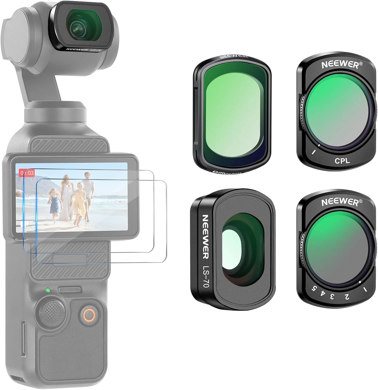 مجموعه فیلتر ND مغناطیسی نیور سازگار با DJI Osmo Pocket 3 Creator Combo Accessories، ND2-32 متغیر، دیفیوژن سیاه 1/4، لنز زاویه باز CPL، شیشه نوری HD 0.72x + 2 محافظ صفحه نمایش