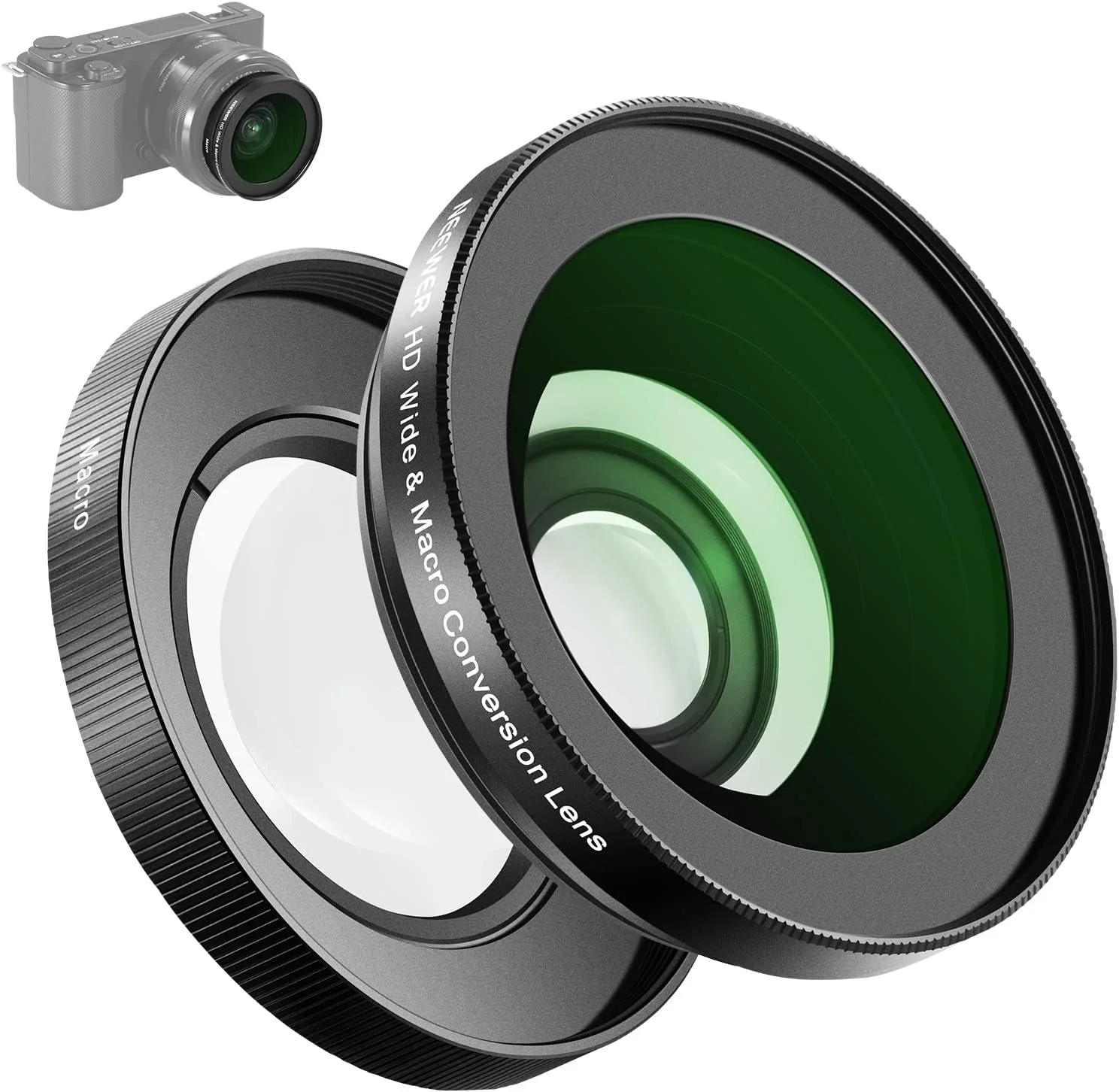 لنز زاویه باز HD نیور 40.5 میلی‌متری سازگار با Sony ZV-1F ZV-E10 A5000 A6000، لنز اضافی 2 در 1 زاویه باز 18 میلی‌متری و ماکرو 10x با لوله توسعه، آداپتور لنز مانت بایونت (LS-30، مشکی)