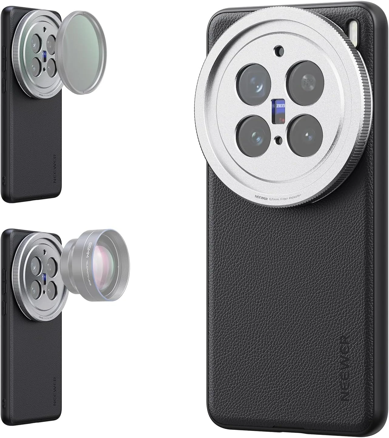 کاور محافظ گوشی NEEWER X200 Pro، سازگار با VIVO X200 Pro، TPU بادوام + چرم مصنوعی PC با مانت لنز 17 میلی‌متری و آداپتور فیلتر 67 میلی‌متری برای شارژ بی‌سیم، PA114 مشکی + نقره‌ای