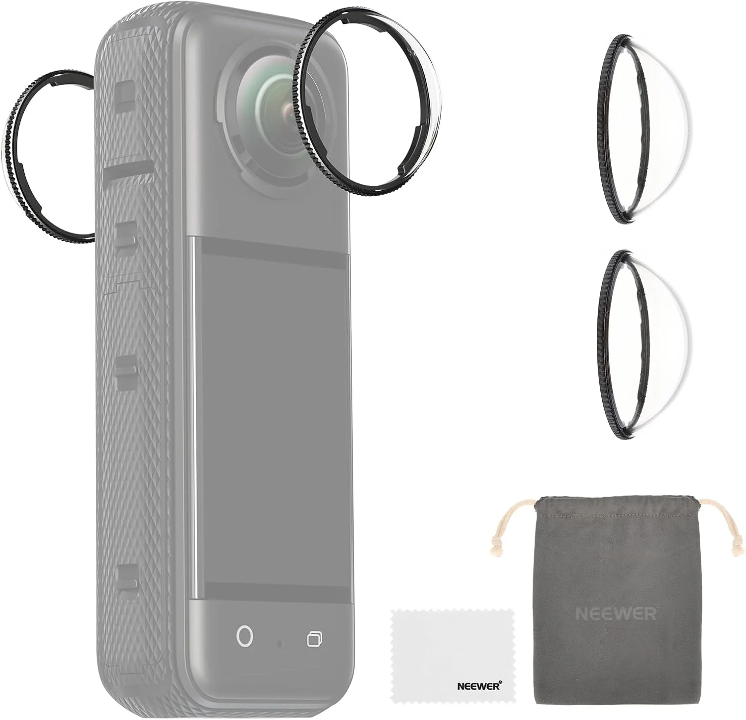 محافظ لنز NEEWER X4 سازگار با دوربین اکشن Insta360 X4، بسته 2 عددی برای Insta 360 x4، محافظ لنز شیشه ای سخت شده HD قابل جابجایی با سختی 10H، همراه با پارچه تمیز کننده و کیف، LPC01