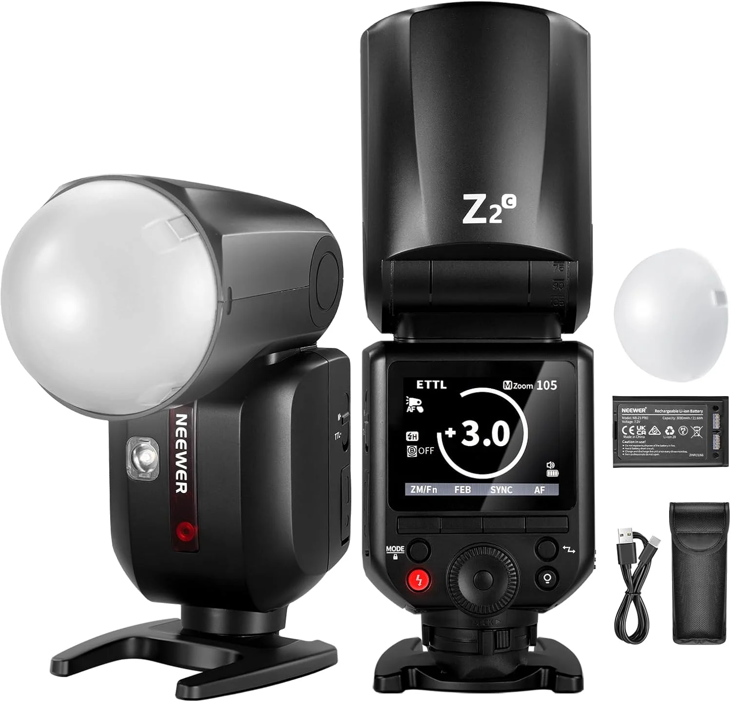 فلاش اسپیدلایت گرد NEEWER Z2-C 2.4G TTL سازگار با دوربین های کانن، 76 وات، 1/8000 ثانیه HSS با دیفیوزر، 2 لامپ مدلینگ، رابط کاربری ارتقا یافته، کلید تغییر حالت TTL/M، باتری 3000 میلی آمپر ساعتی، 600 فلاش با قدرت کامل