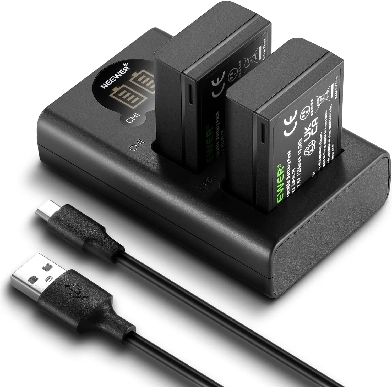 مجموعه باتری جایگزین NEEWER EN-EL25 و شارژر USB، بسته 2 عددی باتری 1350 میلی آمپر ساعتی و شارژر USB دو کاناله Type C، سازگار با دوربین های Nikon Z30 Z50 ZFC مدل 4241 EN-EL25 شارژر MH-32
