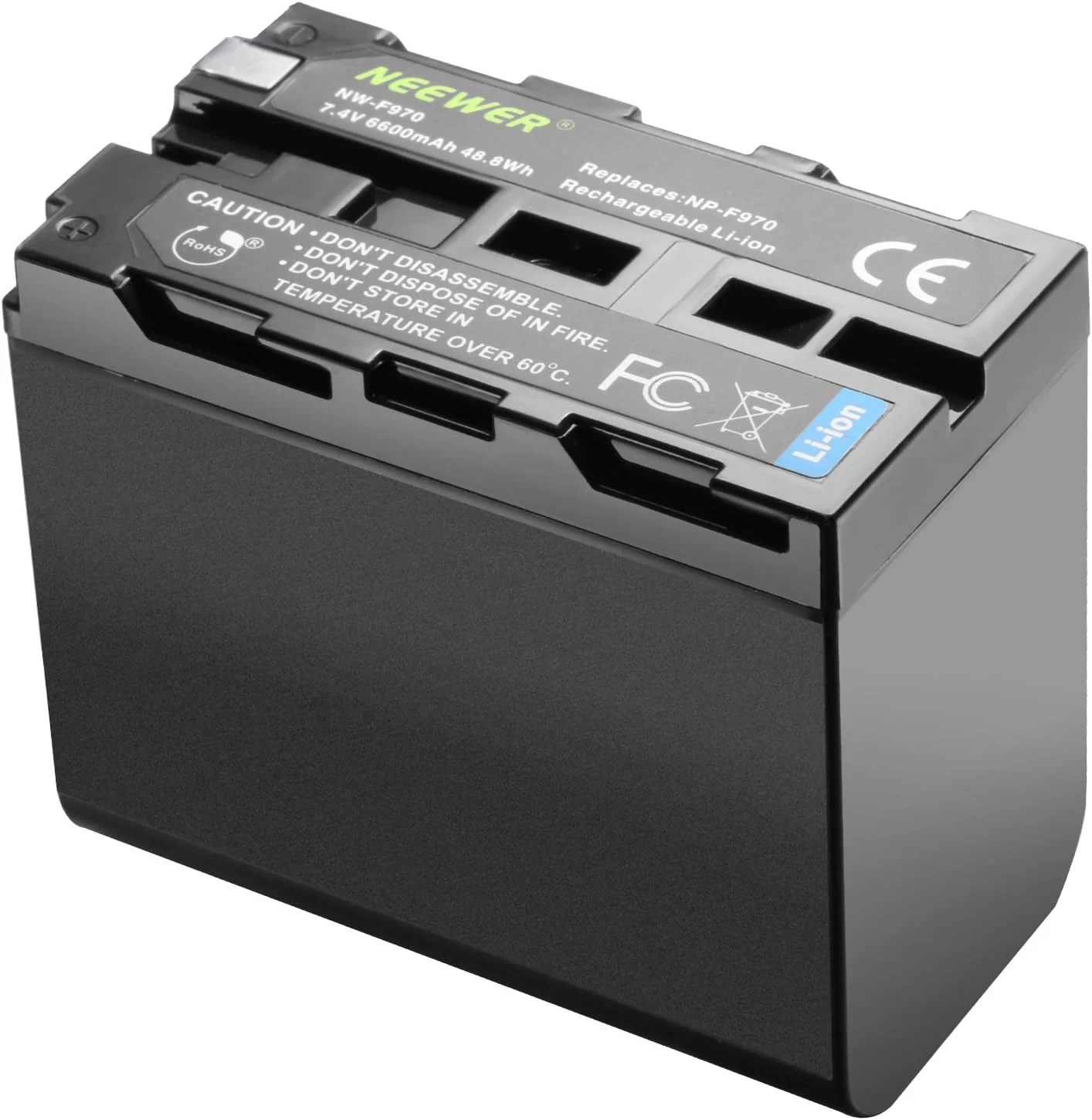 باتری لیتیوم یونی 6600mAh نیور، باتری جایگزین برای سونی NP-F970 NP-F960 NP-F975 NP-F570 NP-F750 NP-F770، مناسب برای نور ویدئویی LED مدل های CN160 NW759 74K 760 FW759 74K 760 و مانیتور