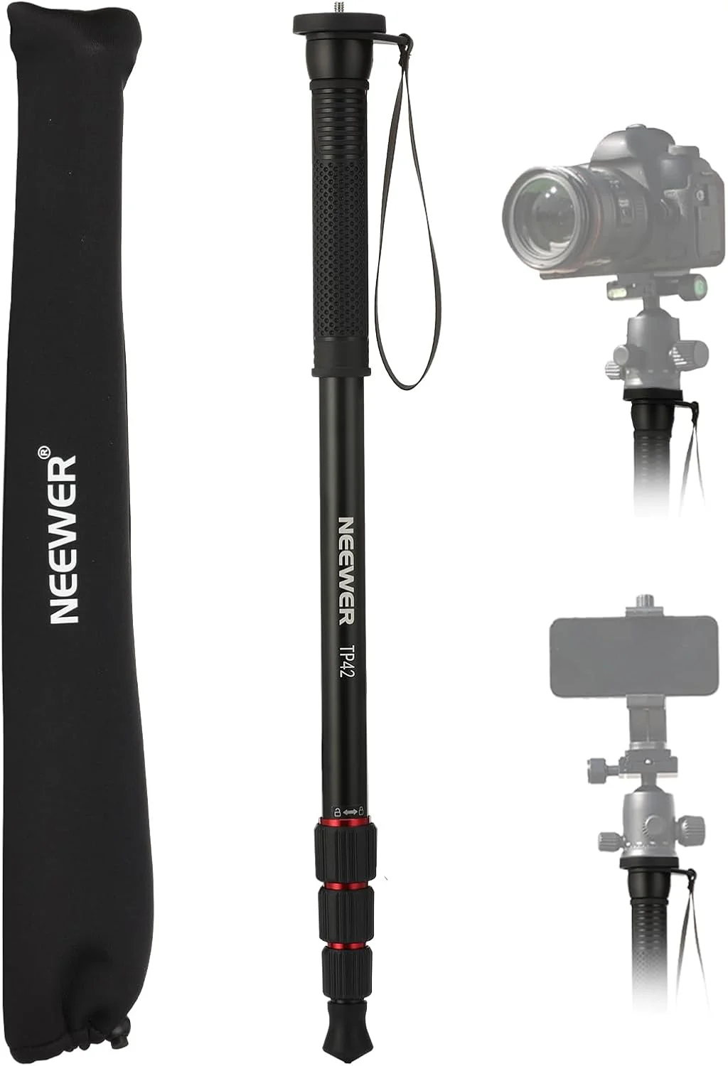تک پایه دوربین نیوئر 66.5 اینچی، تک پایه آلومینیومی سبک وزن برای عکاسی و فیلمبرداری دوربین های DSLR، آداپتور پیچ 1/4 و 3/8 اینچی، مونوپاد، حداکثر تحمل وزن 10 کیلوگرم، TP42