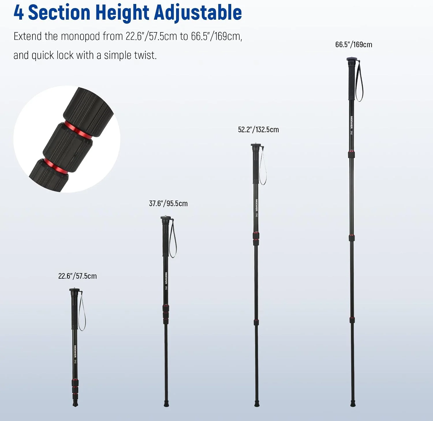 تک پایه دوربین نیوئر 66.5 اینچی، تک پایه آلومینیومی سبک وزن برای عکاسی و فیلمبرداری دوربین های DSLR، آداپتور پیچ 1/4 و 3/8 اینچی، مونوپاد، حداکثر تحمل وزن 10 کیلوگرم، TP42 تک پایه دوربین نیوئر 66.5 اینچی، تک پایه آلومینیومی سبک وزن برای عکاسی و فیلمبرداری دوربین های DSLR، آداپتور پیچ 1/4 و 3/8 اینچی، مونوپاد، حداکثر تحمل وزن 10 کیلوگرم، TP42