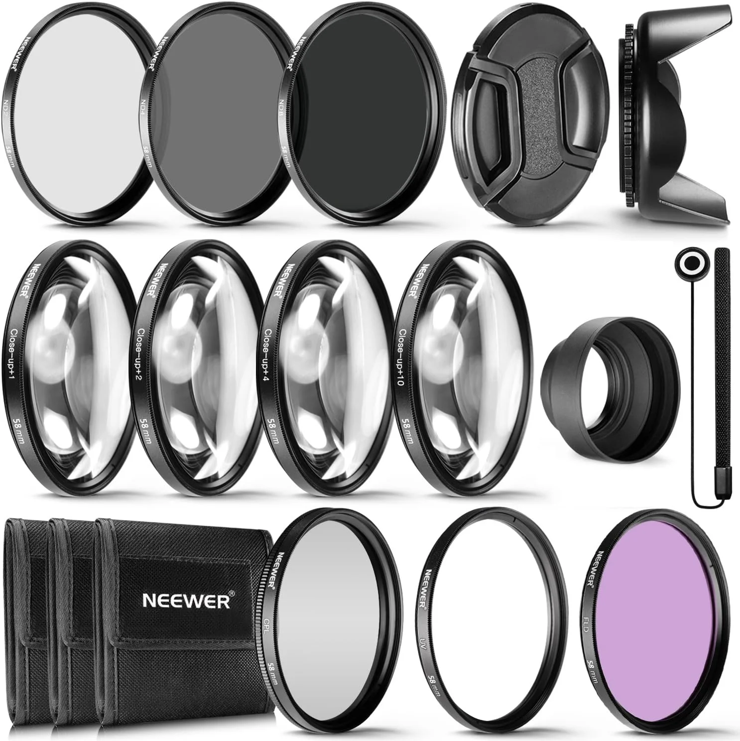 مجموعه فیلتر و لوازم جانبی لنز NEEWER 58mm شامل فیلترهای ND2 ND4 ND8، فیلترهای کلوزآپ (+1/+2/+4/+10)، هود لنز گل لاله، هود لنز لاستیکی تاشو، درب لنز و کیف فیلتر
