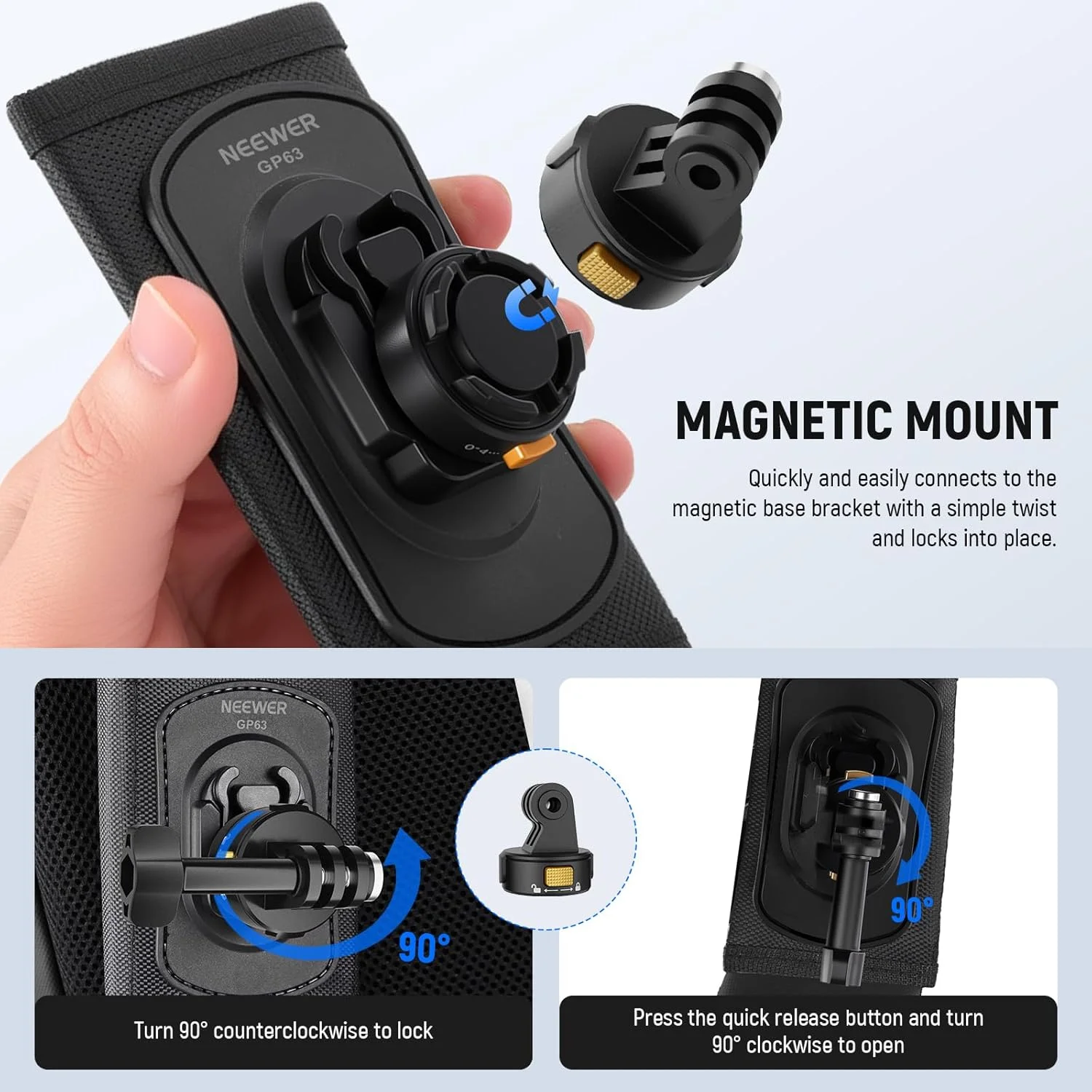 گیره بند شانه و سینه کوله پشتی نیوور سازگار با دوربین های اکشن GoPro DJI Insta360، نگهدارنده گیره کوله پشتی دوربین 360 درجه با رهاسازی سریع و یک کلید ضامن برای عکاسی و فیلمبرداری، GP63