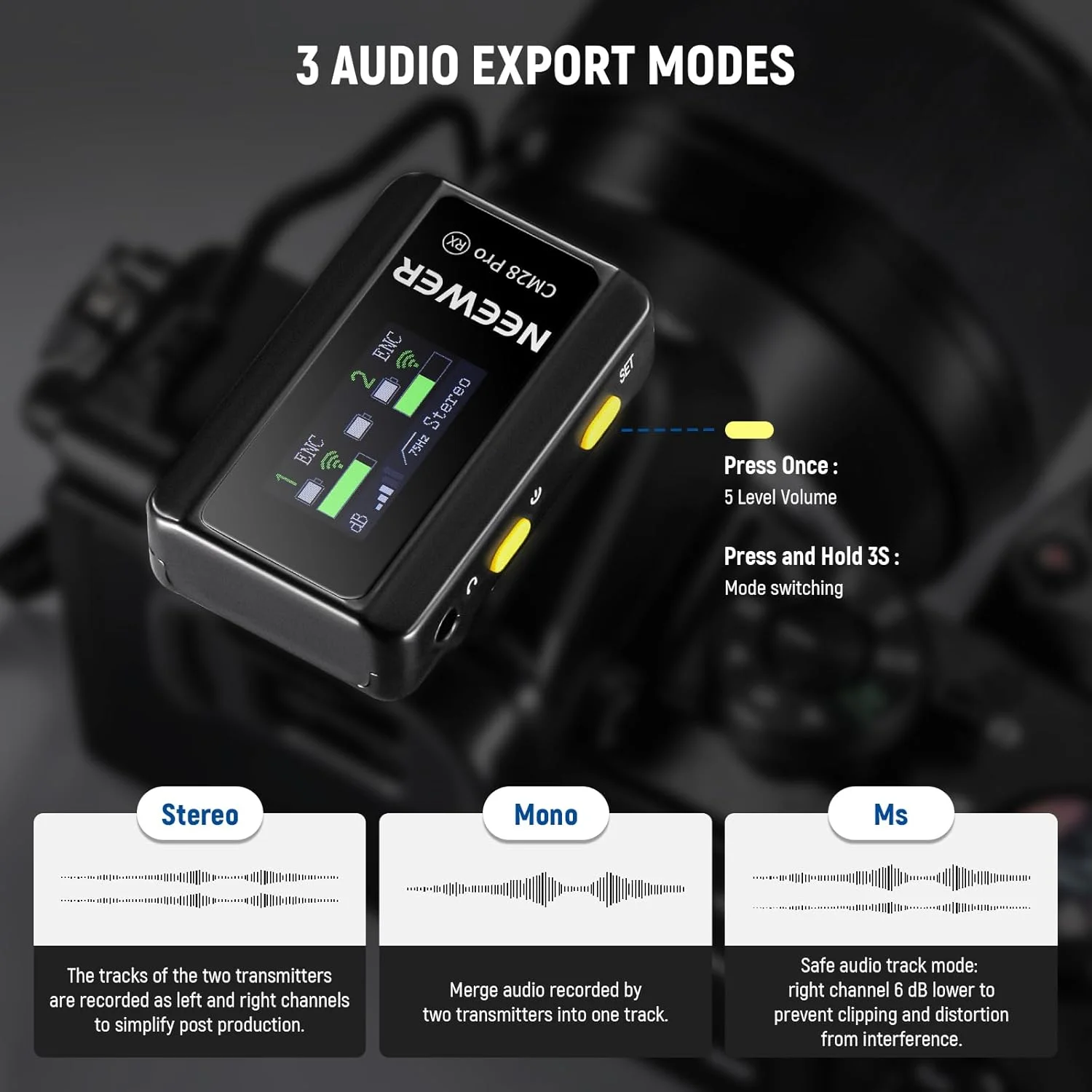 سیستم میکروفون یقه ای بی سیم نیور CM28 PRO با جعبه شارژ، صدای غیر فشرده 16 بیتی 48 کیلوهرتز، حذف نویز، حافظه 4 گیگابایتی، 9 ساعت ضبط، سازگار با آیفون، آیپد، اندروید، دوربین و کامپیوتر