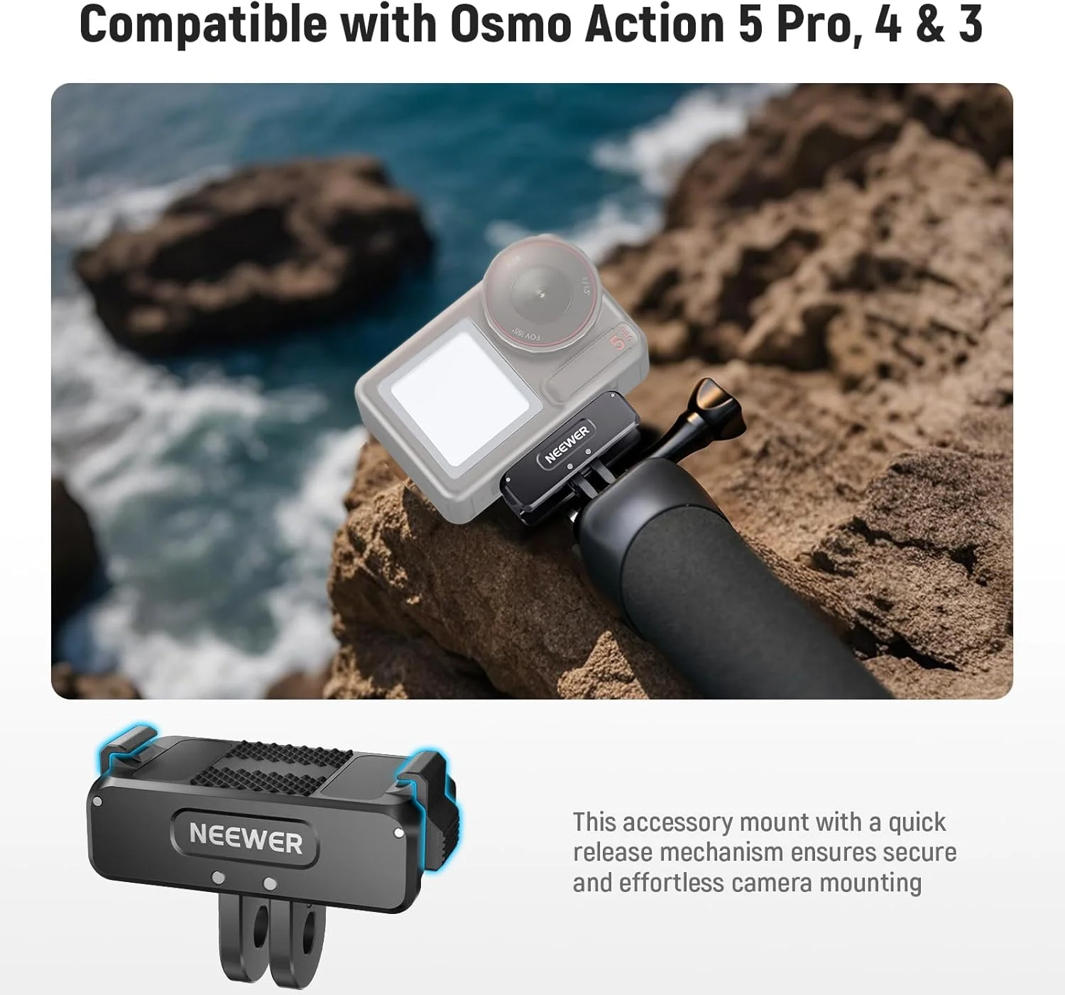 آداپتور مغناطیسی ارتقا یافته NEEWER سازگار با DJI Osmo Action 5 Pro/4/3، پایه دوربین اکشن با رهاسازی سریع، لوازم جانبی ولاگینگ با رزوه سه پایه 1/4 اینچی، AC011