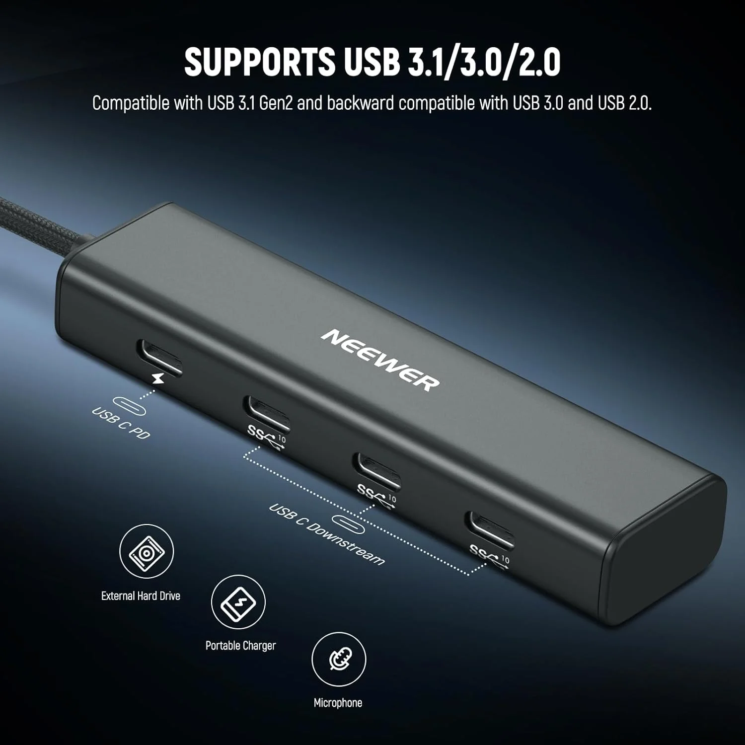 هاب داک USB C نیور با آداپتور کفشک سرد، دانگل آداپتور چند پورت 4 در 1 با 3 پورت USB C 3.1 Gen2 و 1 پورت PD 100W، سازگار با آیفون 16 15 آیپد مک اندروید PC لپ تاپ، PS020E